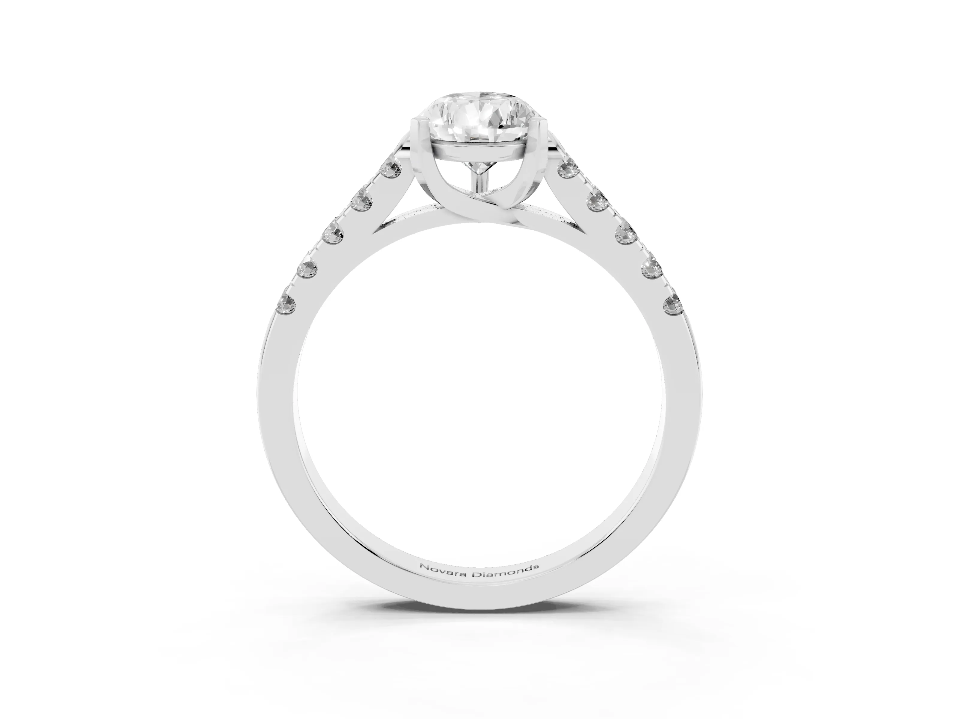 Pear Cut Diamond Pavé Band Solitaire Ring Set in White gold with Partway Accent Stones and Prong Setting