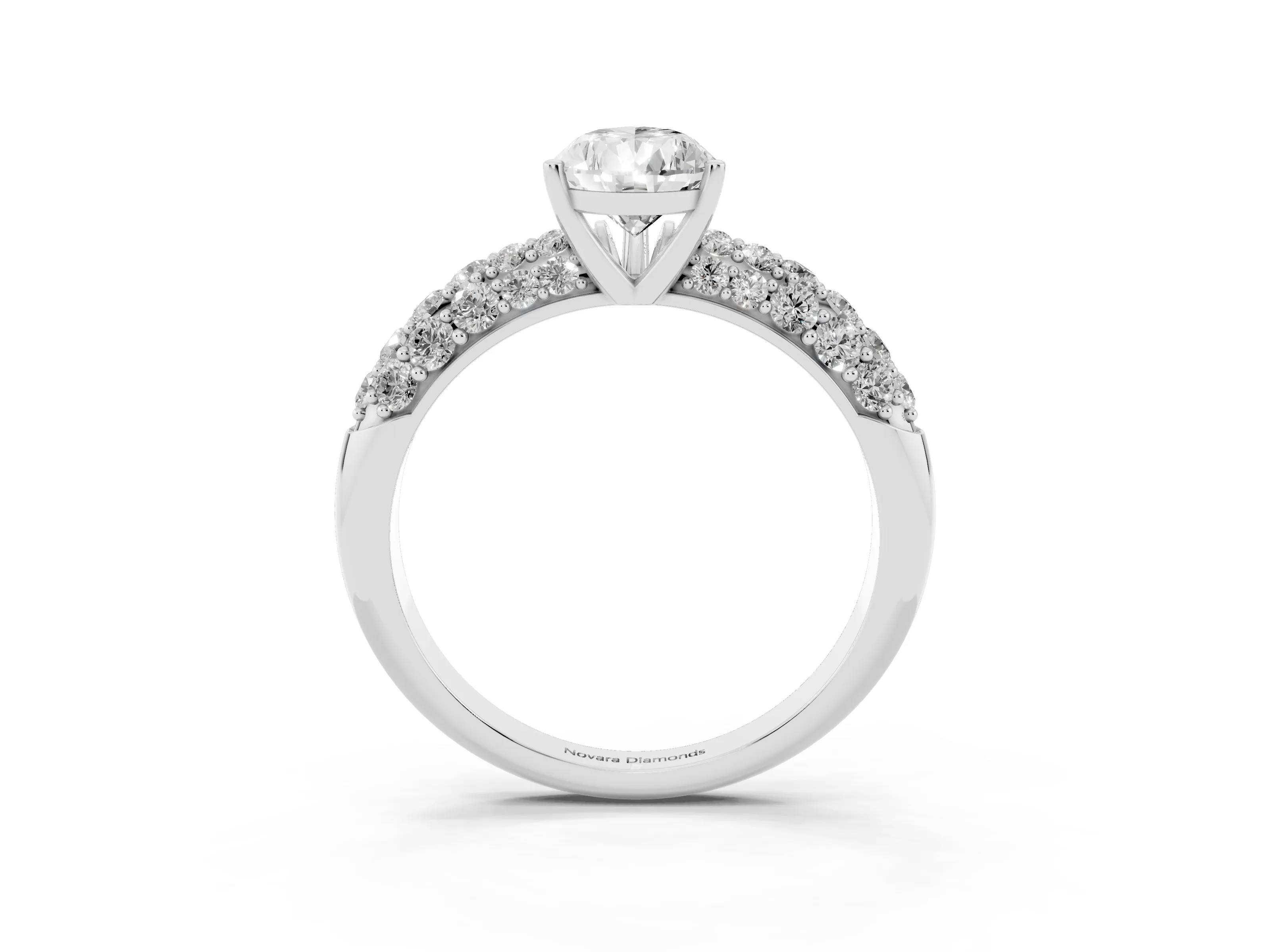 Pear Cut Diamond Pavé Band Solitaire Ring Set in White gold with Close-Set Accent Stones and Prong Setting