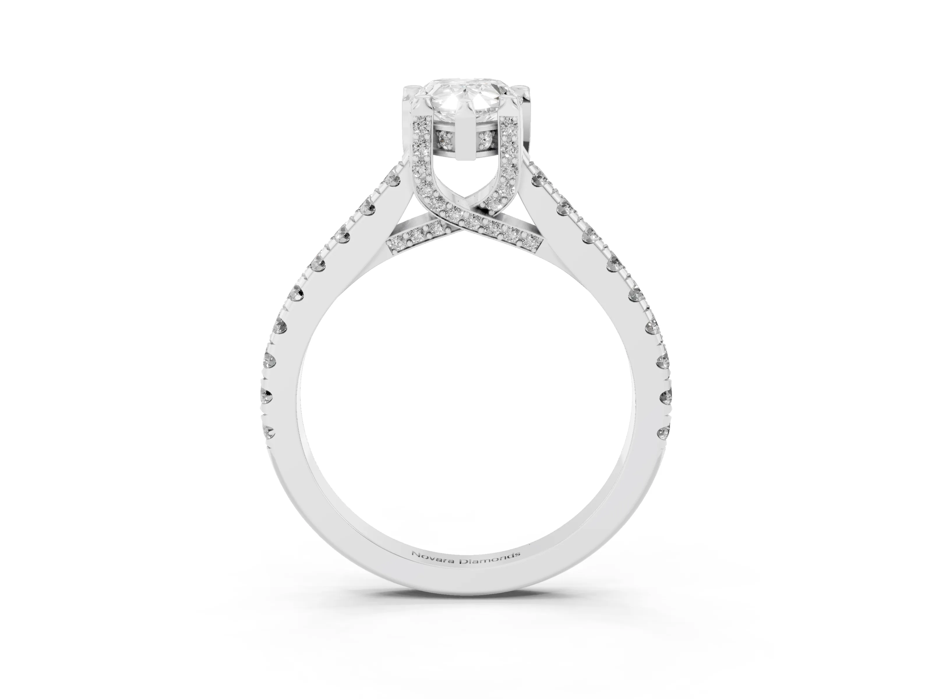 Pear Cut Diamond Solitaire Ring Set in Platinum with Brilliant Pavé Band and Prong Setting