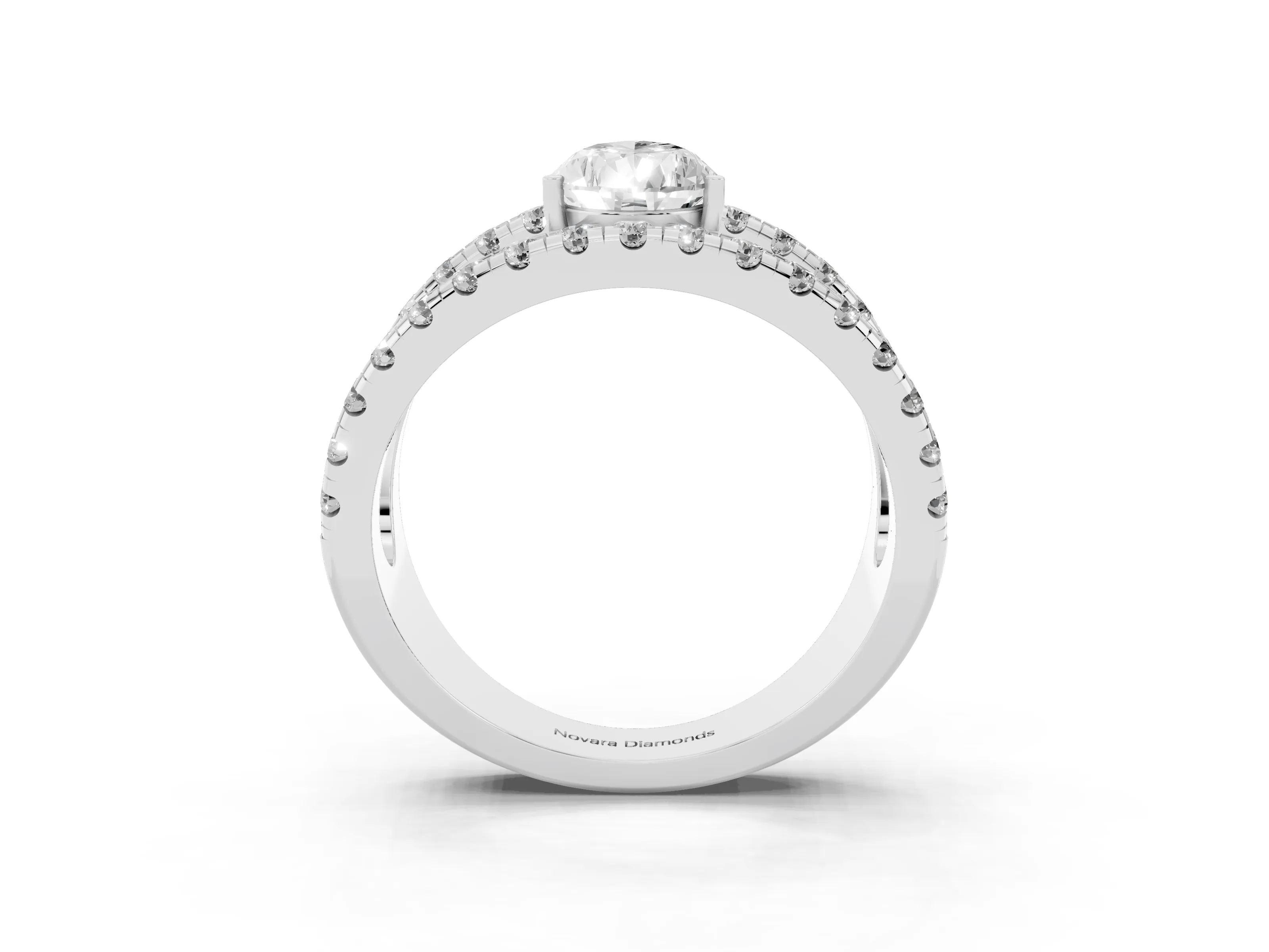 Pear Cut Diamond Split Shank Pavé Solitaire Ring Set in Silver with Open Shank Design