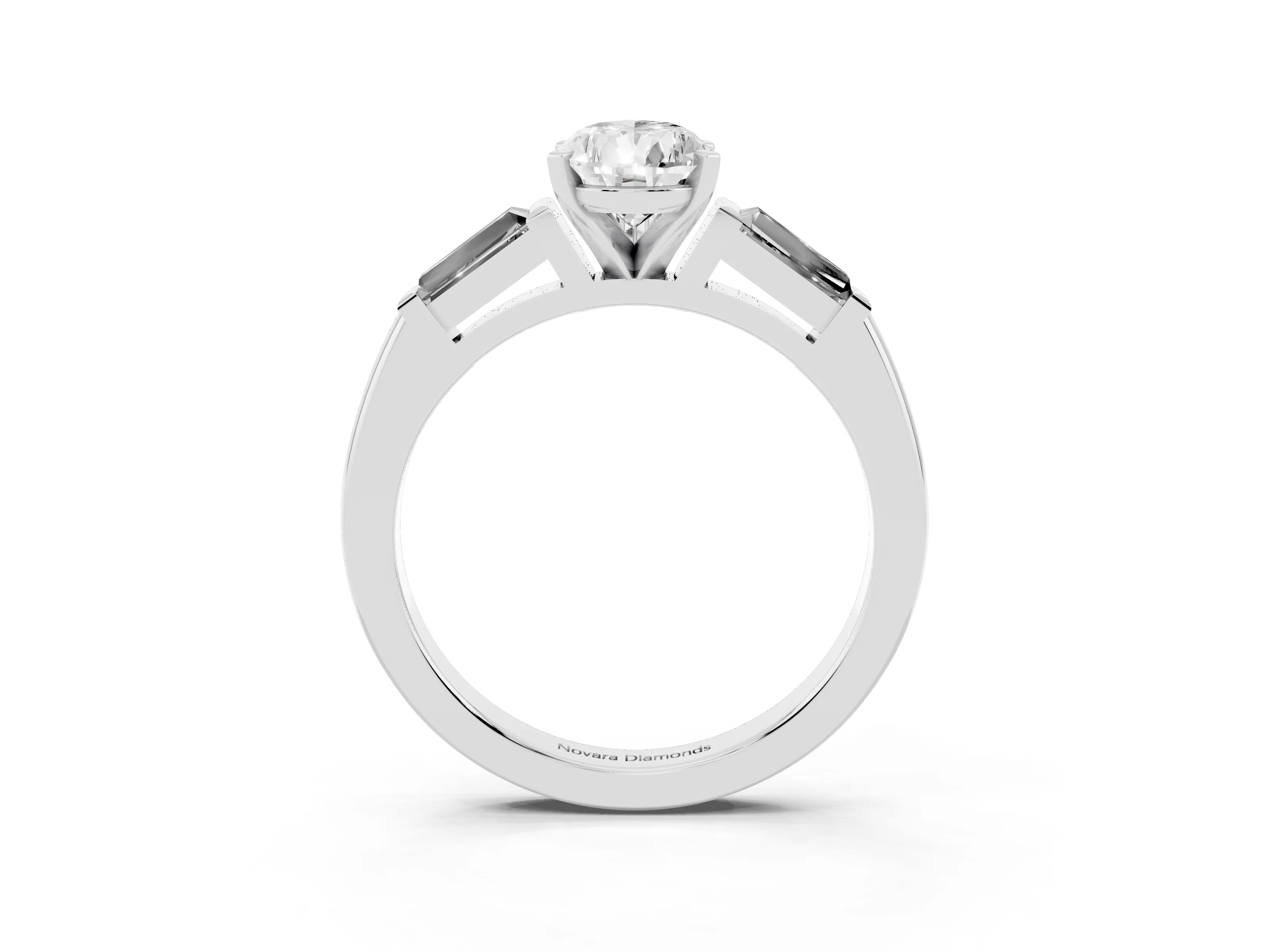 Pear Cut Diamond Solitaire Ring Set in Silver with Tapered Baguette Side Stones and Prong Setting