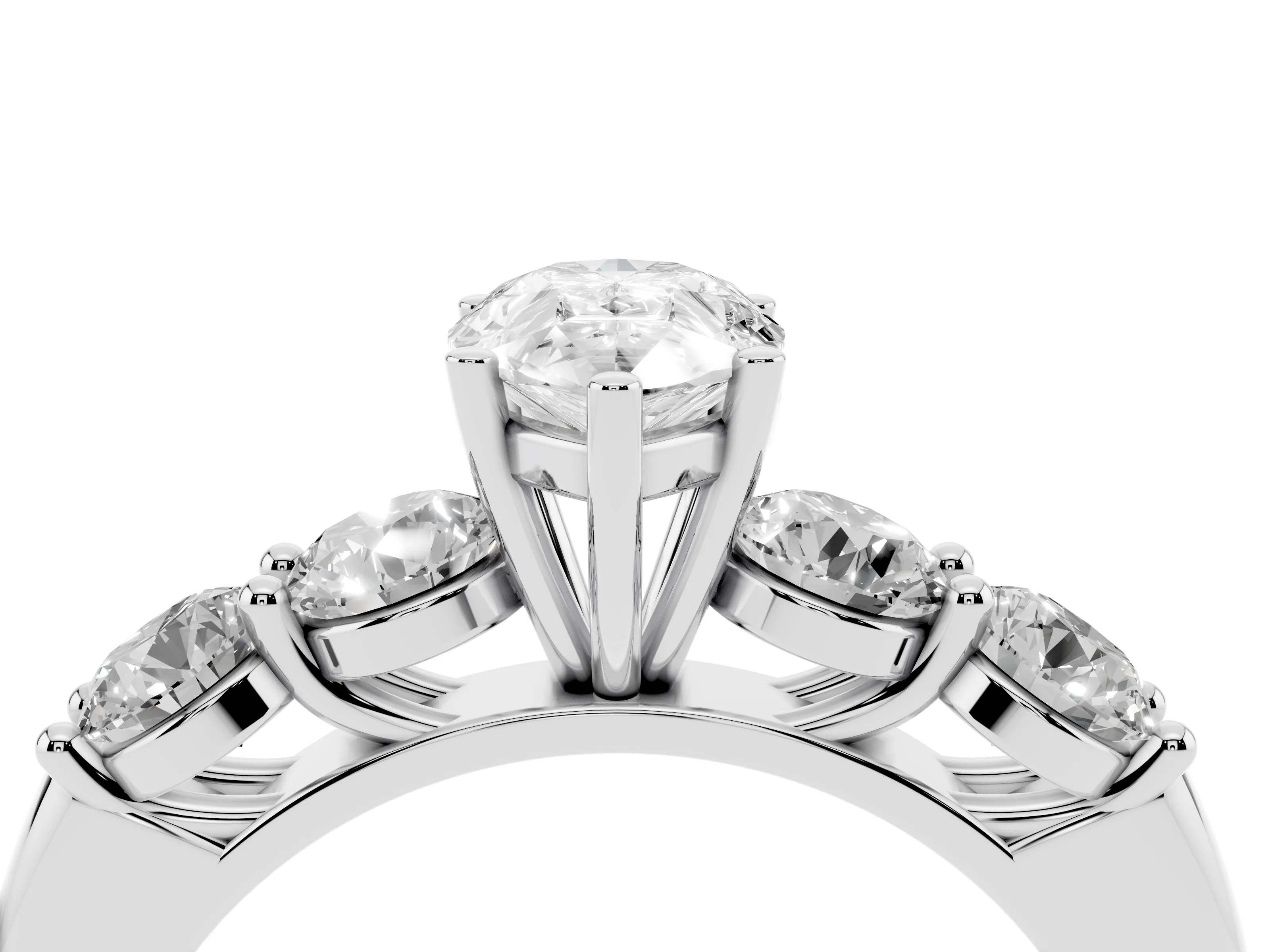 Pear Cut Diamond Five-Stone Prong Set Ring Set in Silver with Classic Band