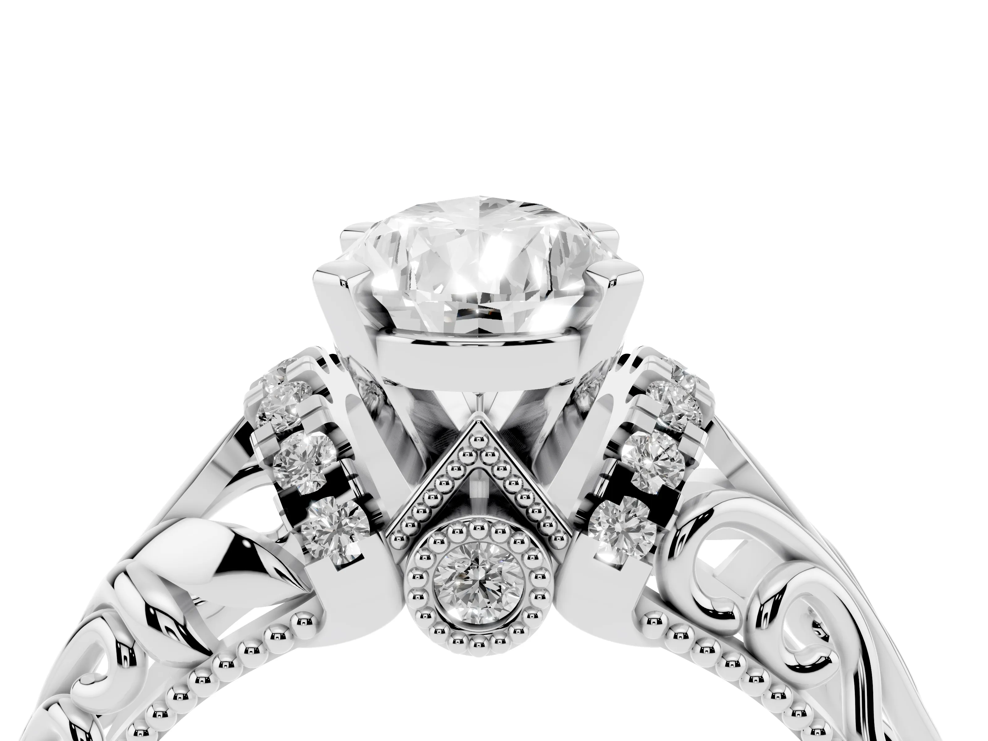 Pear Cut Diamond Filigree Halo Engagement Ring Set in White gold with Prong Setting