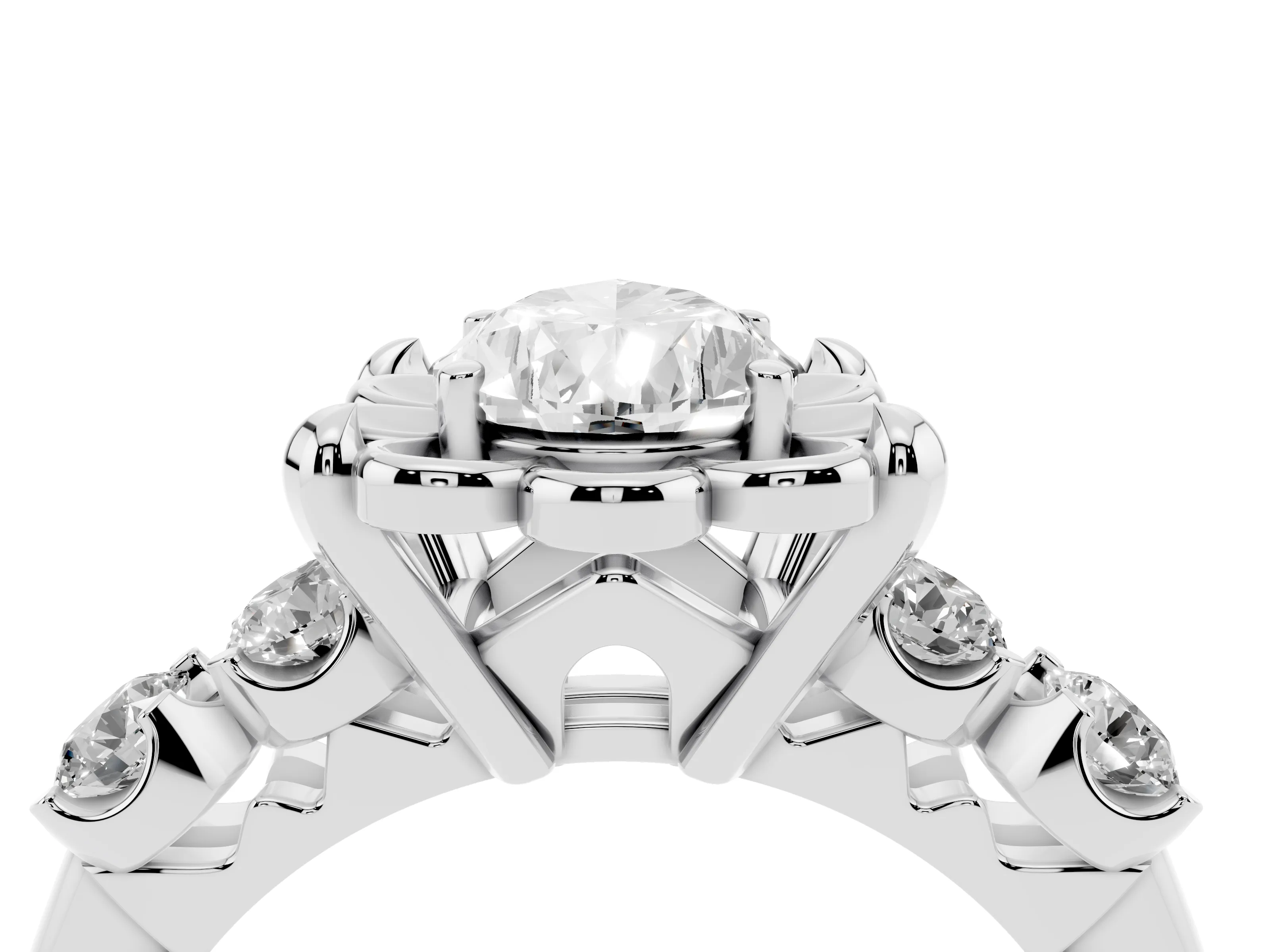 Pear Cut Diamond Floral Halo Ring Set in Silver with Shared Prong Band