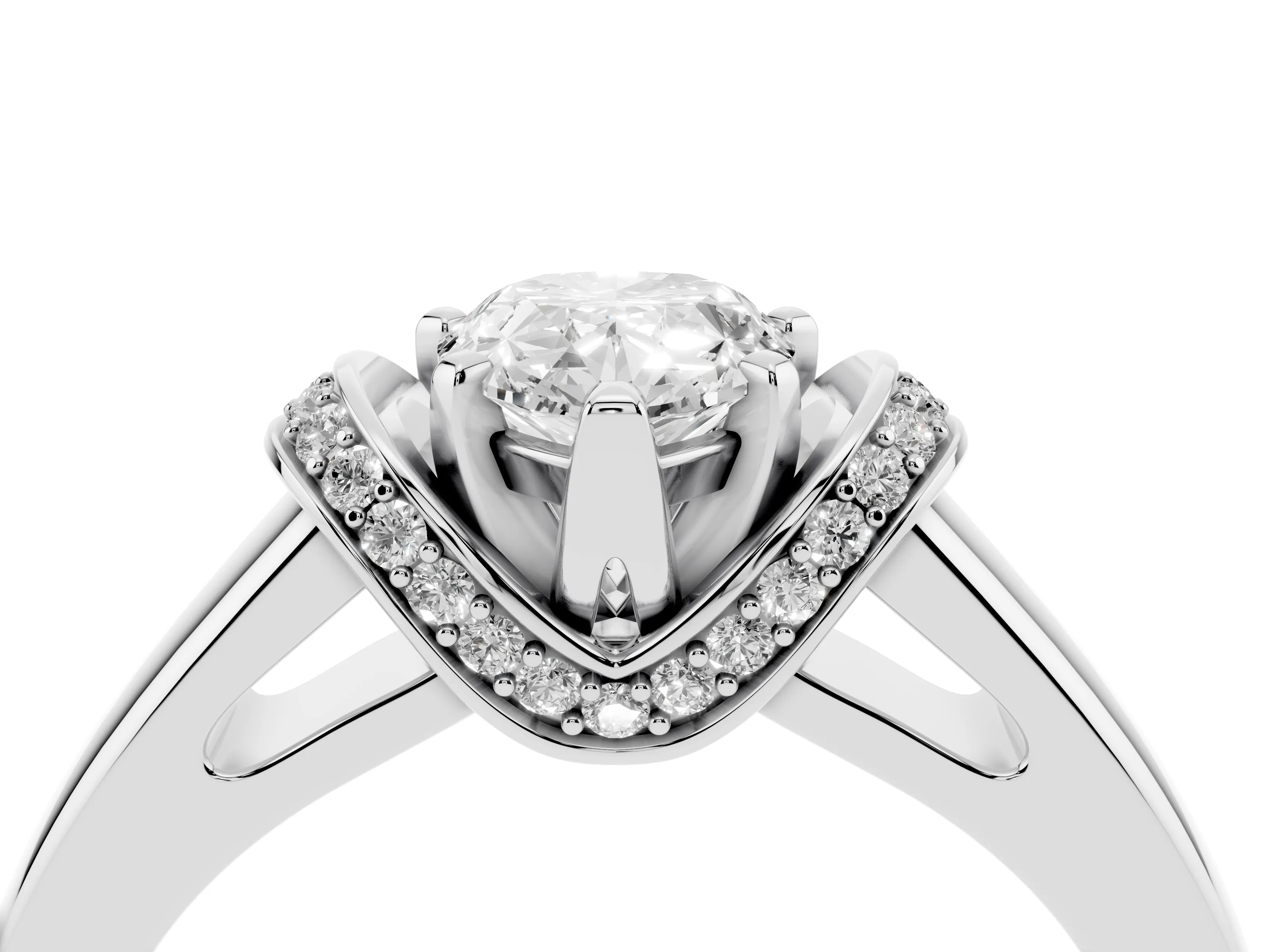 Pear Cut Diamond Pavé Band Solitaire Ring Set in Platinum with Prong Setting