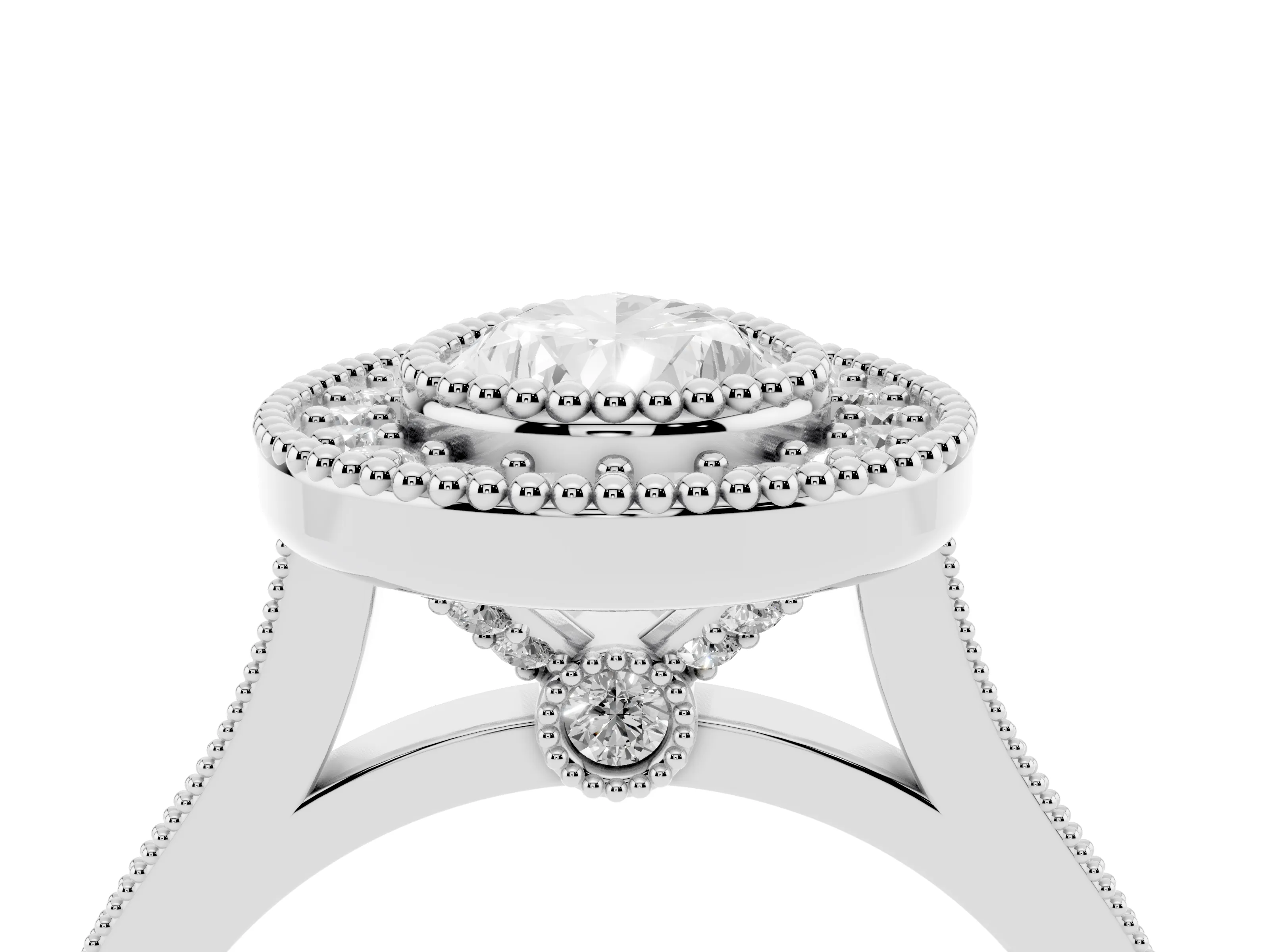 Pear Cut Diamond Halo Ring Set in White gold with Milgrain Frame and Pavé Band