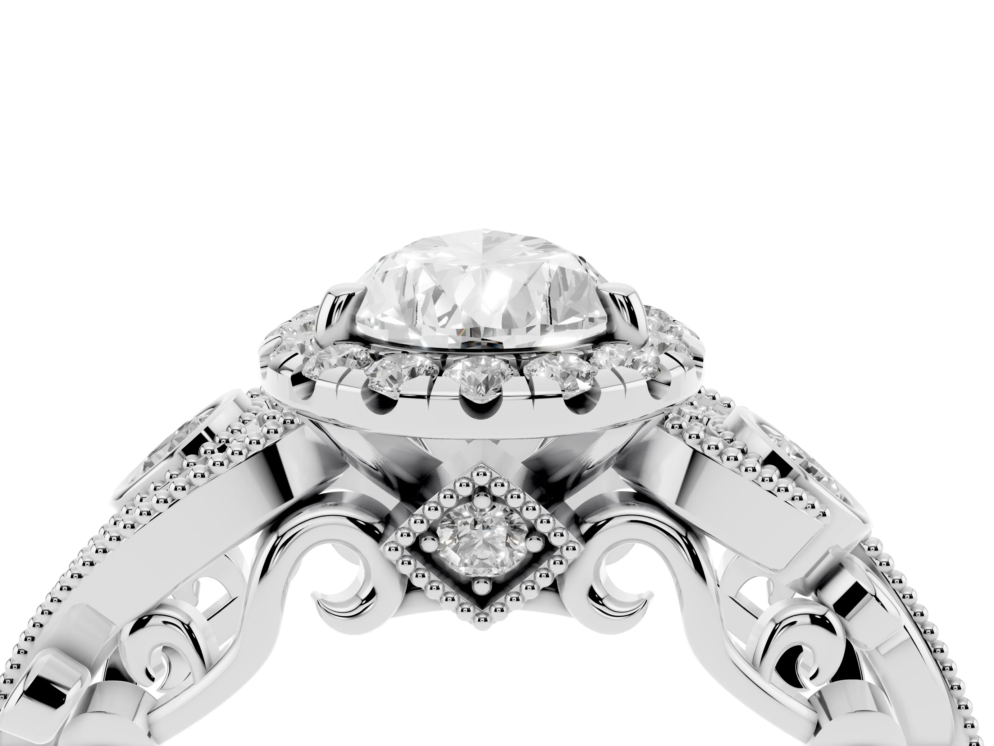 Pear Cut Diamond Halo Ring Set in Silver with Milgrain Pavé Band and Prong Setting