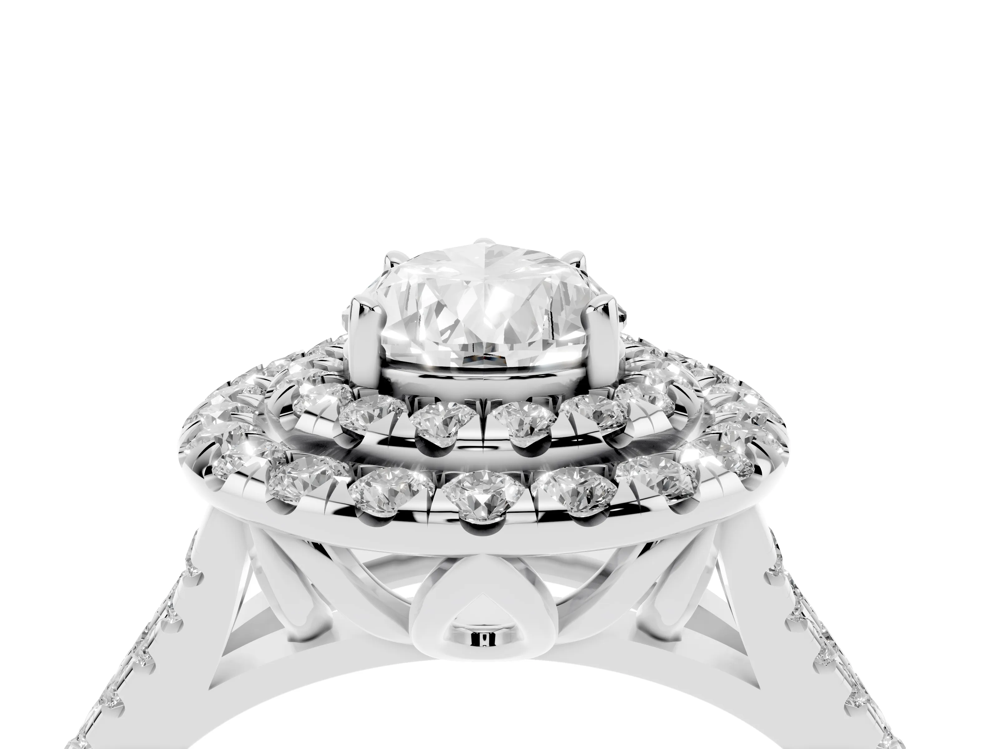 Pear Cut Diamond Double Halo Ring Set in Silver with Pavé Split Shank and Prong Setting