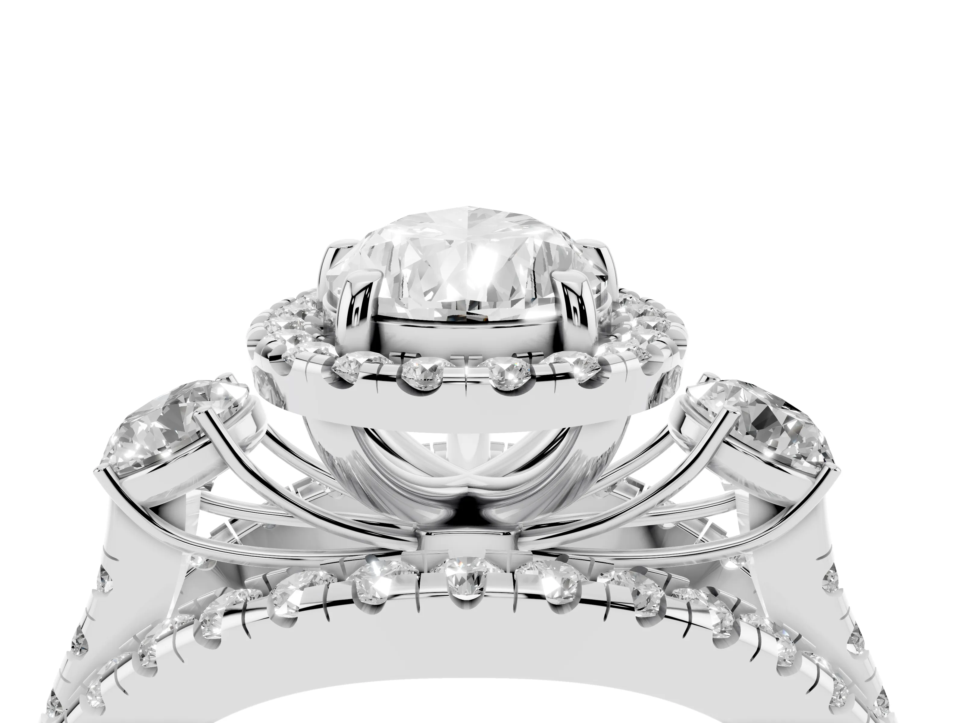Pear Cut Diamond Halo Split Shank Ring Set in Silver with Round Accent Stones and Prong Setting