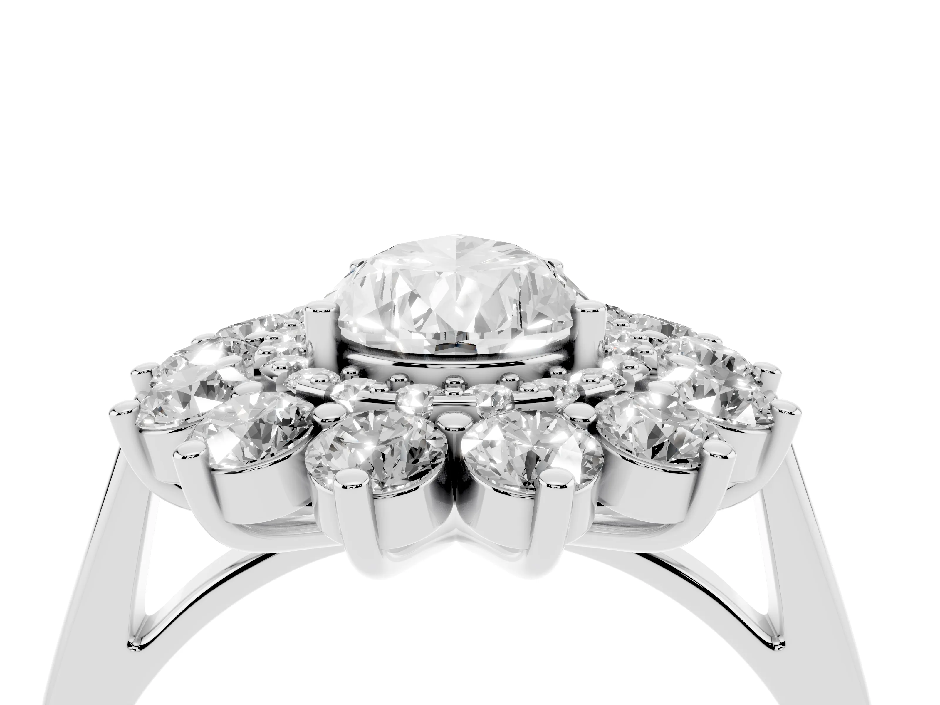 Pear Cut Diamond Floral Double Halo Ring Set in White gold with Round Petals