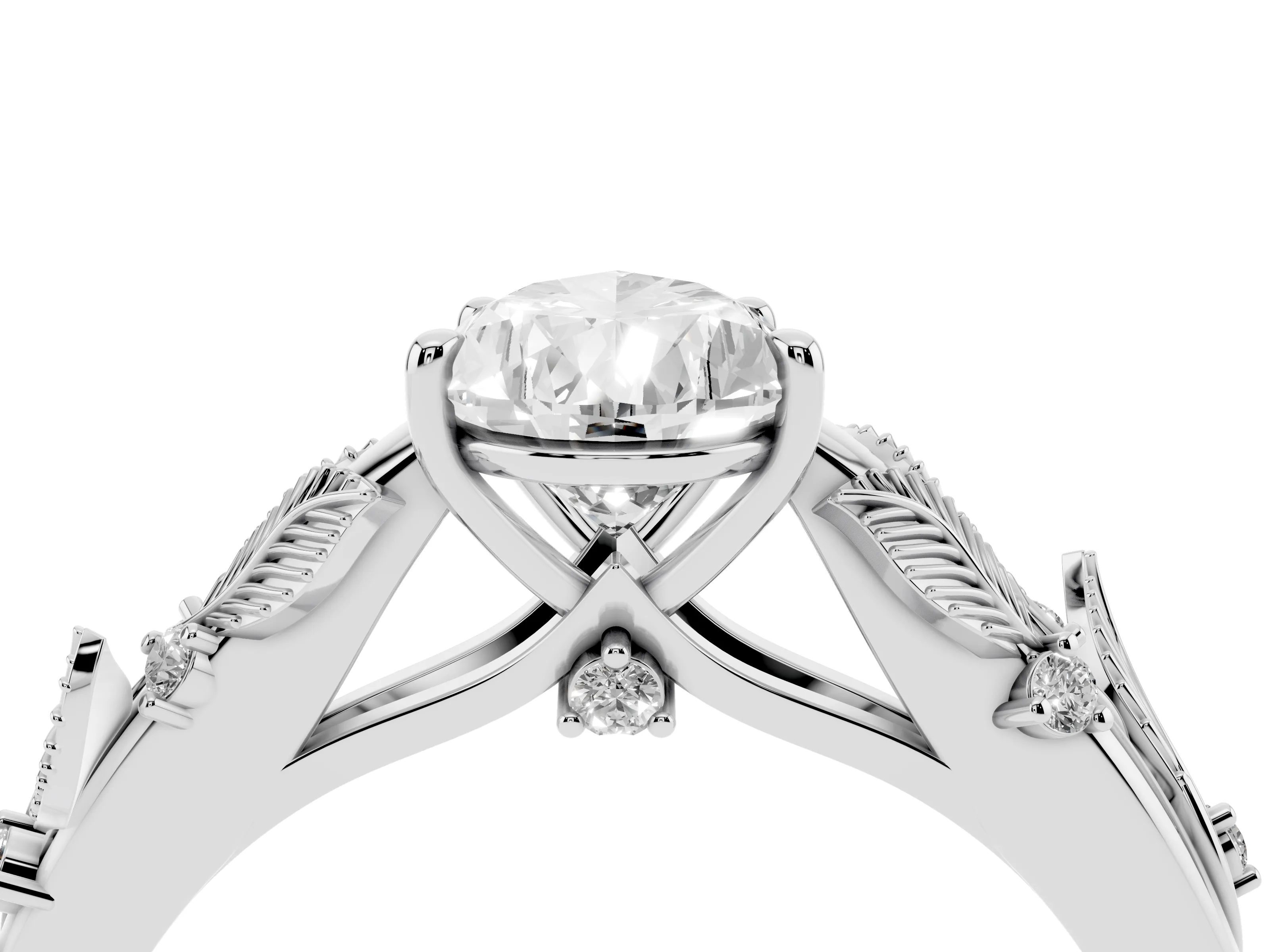 Pear Cut Diamond Solitaire Ring Set in White gold with Leaf Motif Band