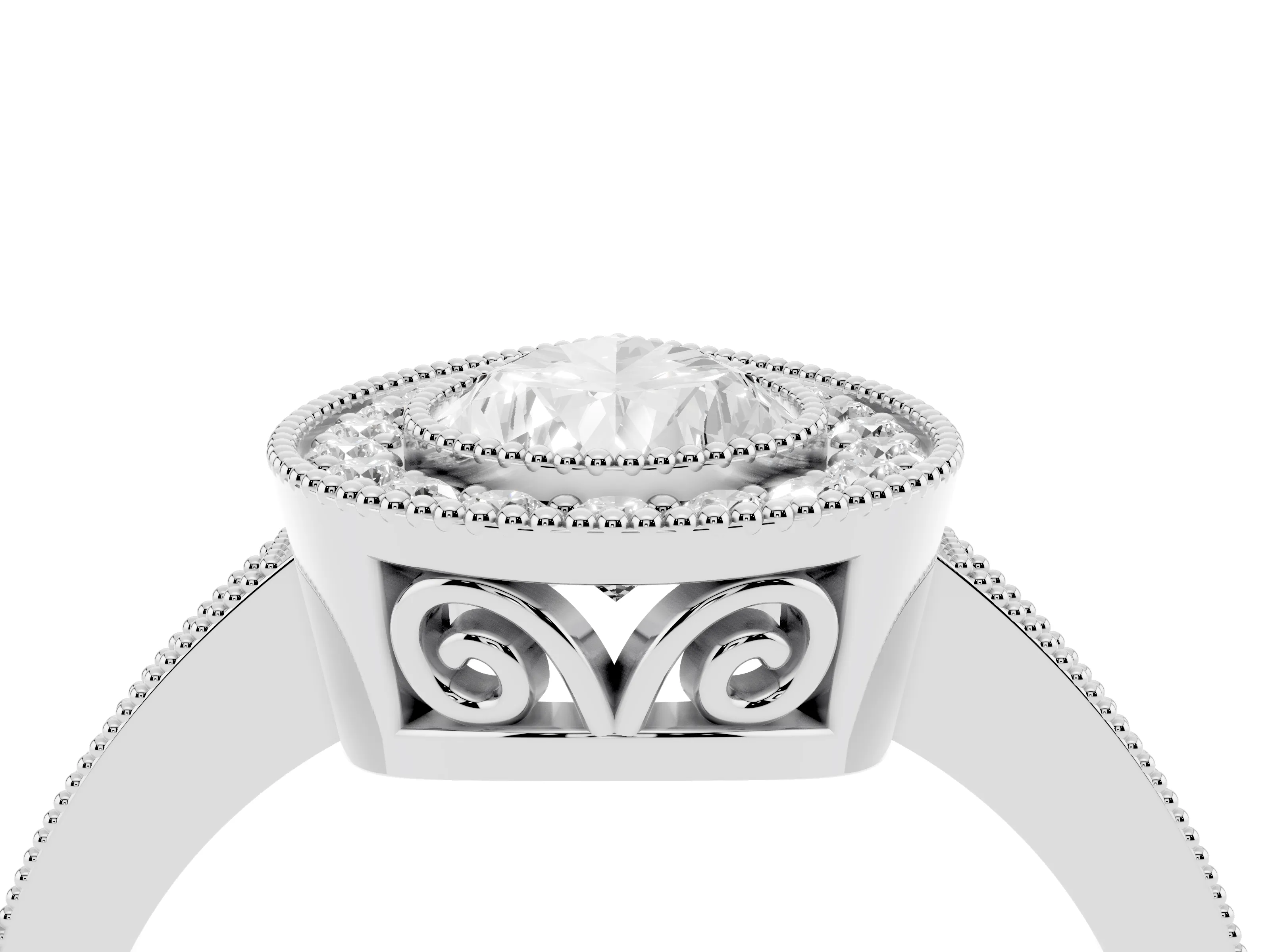 Pear Cut Diamond Halo Ring Set in Platinum with Pavé Band and Milgrain-Edged Prongs