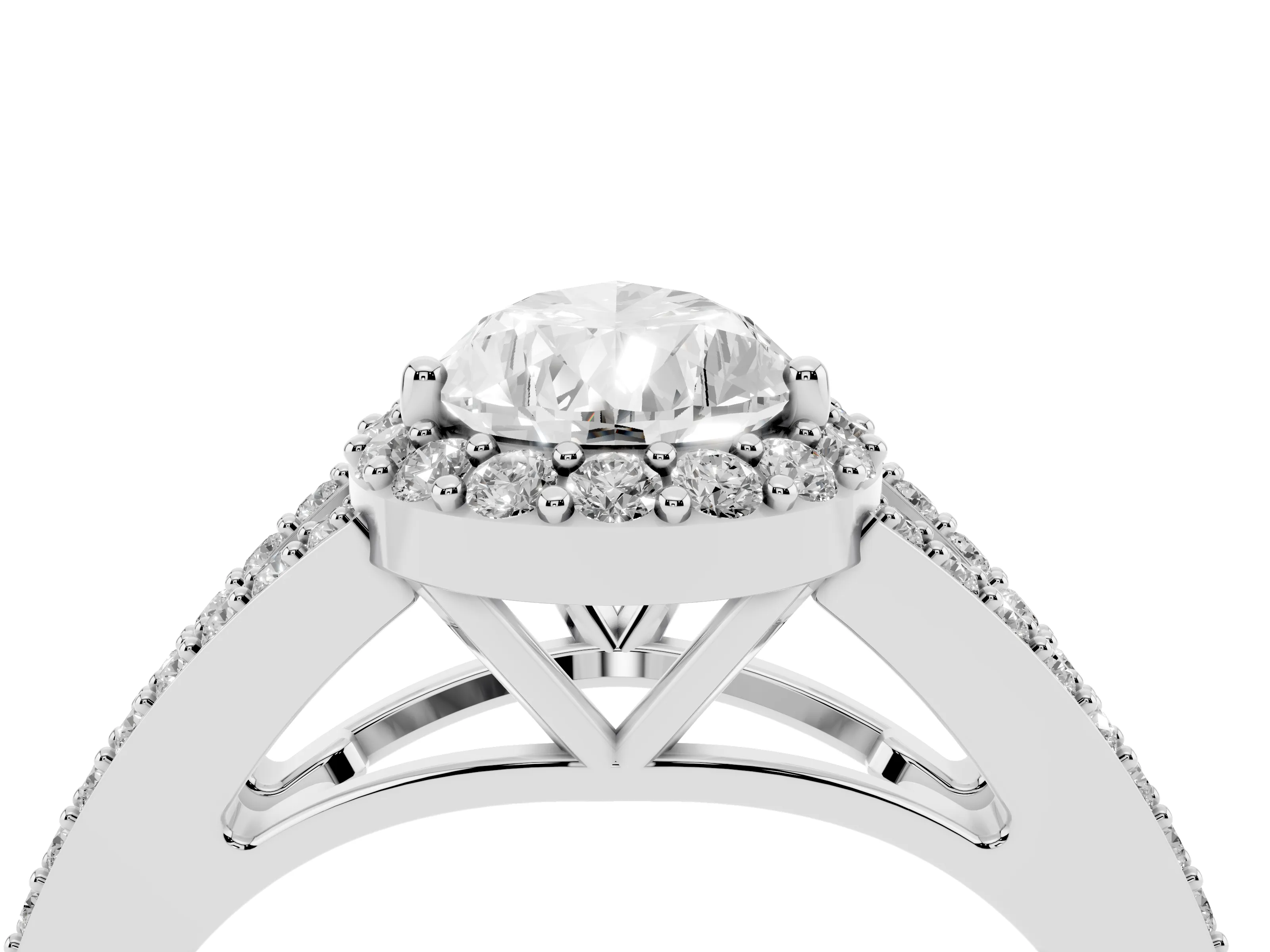 Pear Cut Diamond Halo Split Shank Pavé Ring Set in Silver with Prong Setting