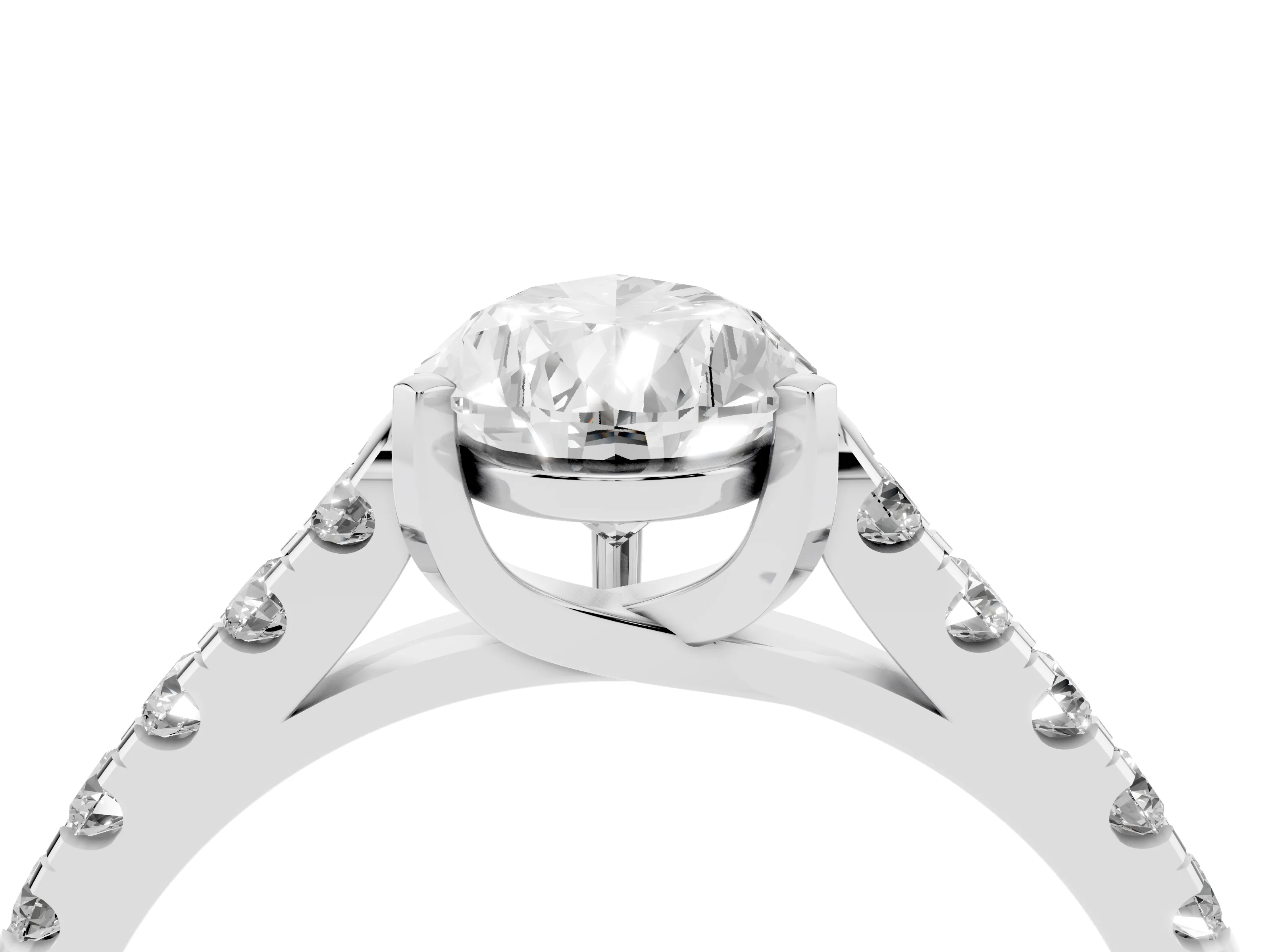 Pear Cut Diamond Pavé Band Solitaire Ring Set in White gold with Partway Accent Stones and Prong Setting