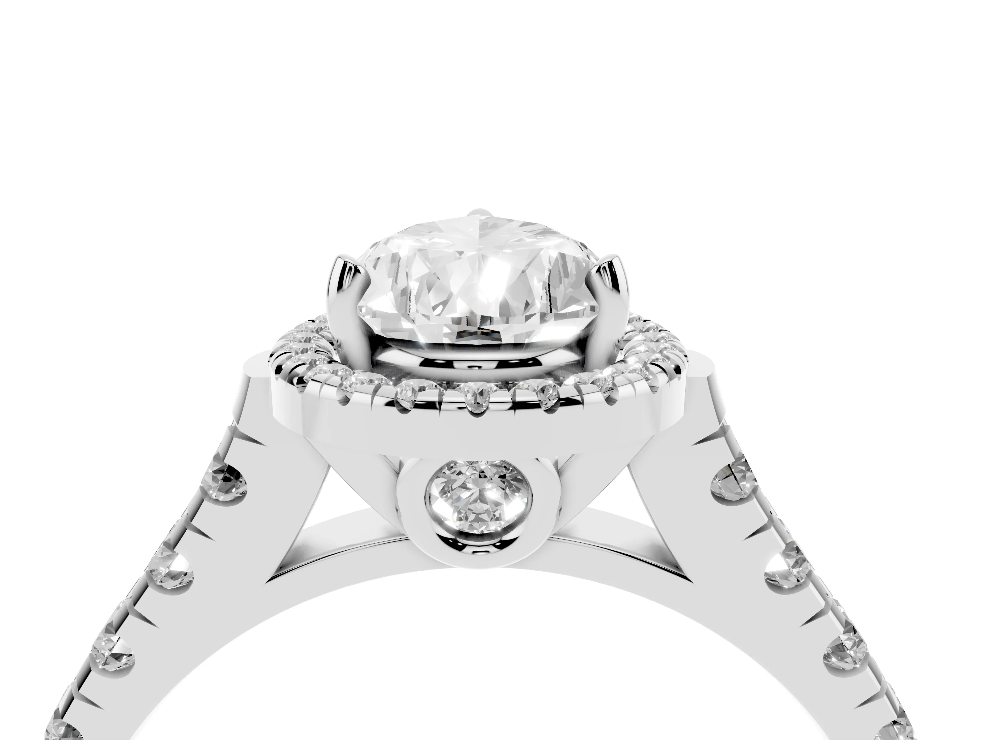 Pear Cut Diamond Halo Engagement Ring Set in White gold with Pavé Band and Prong-Set Center