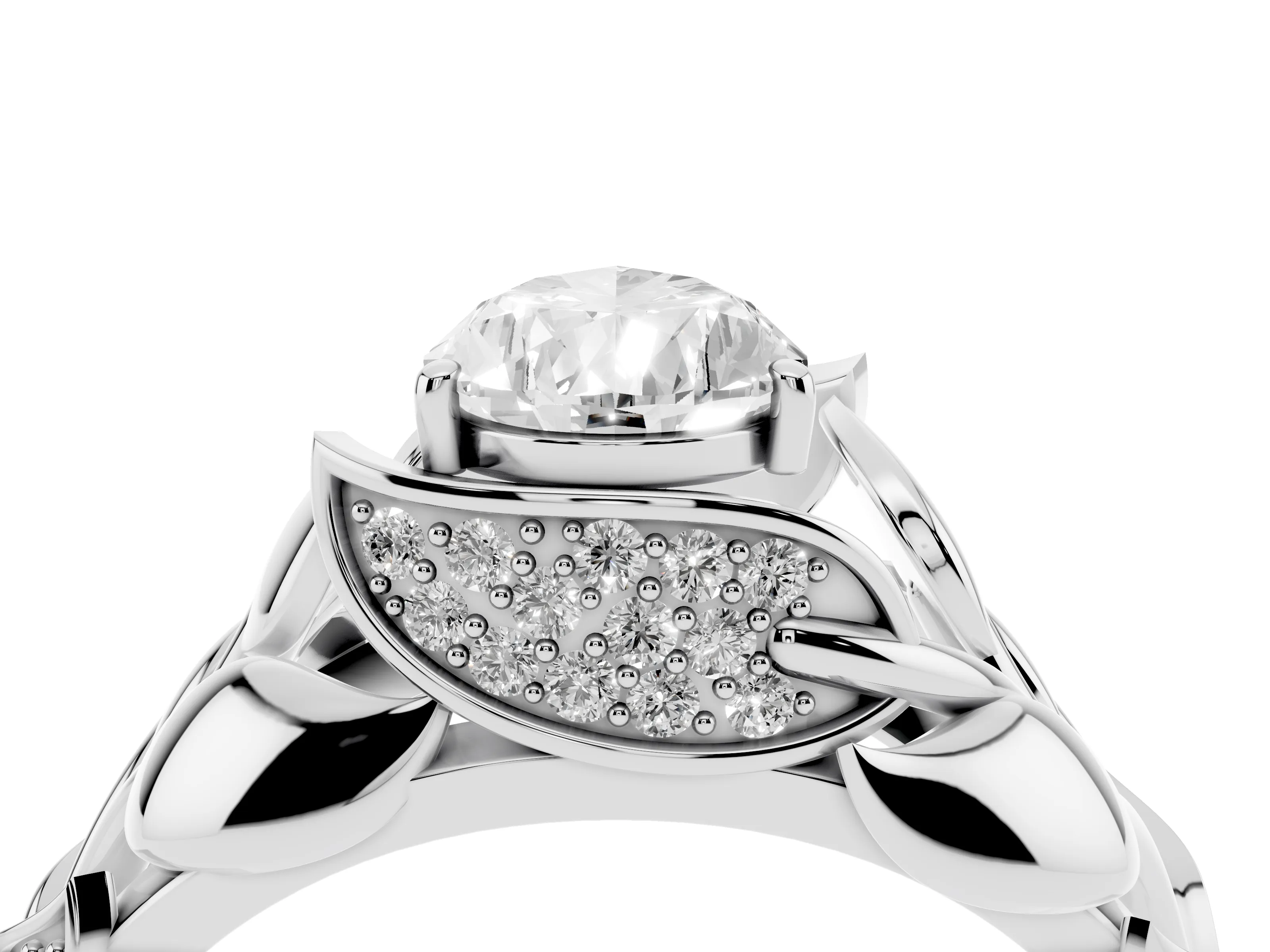 Pear Cut Diamond Leaf-Inspired Engagement Ring Set in Silver with Round Accents