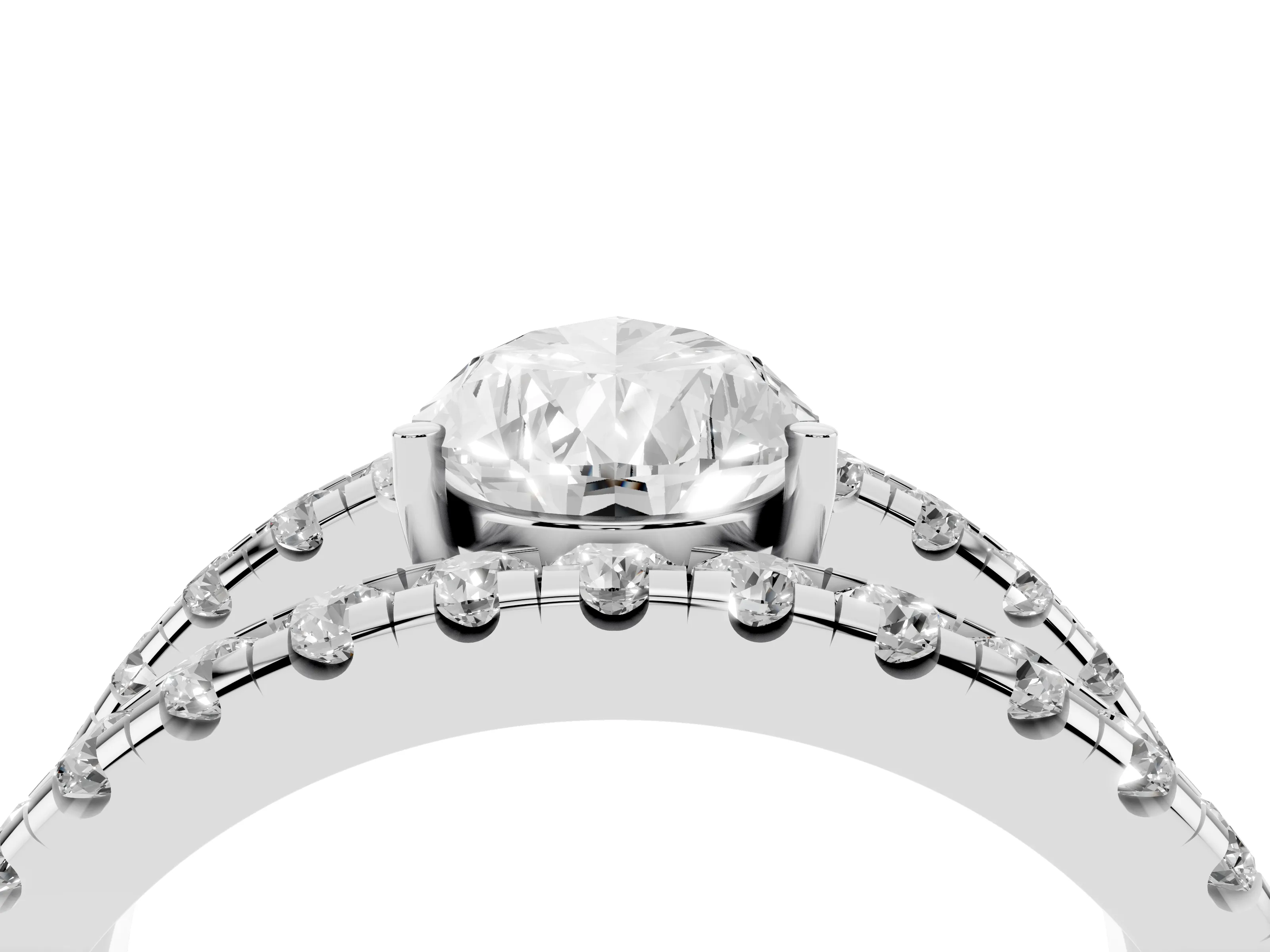 Pear Cut Diamond Split Shank Pavé Solitaire Ring Set in Silver with Open Shank Design