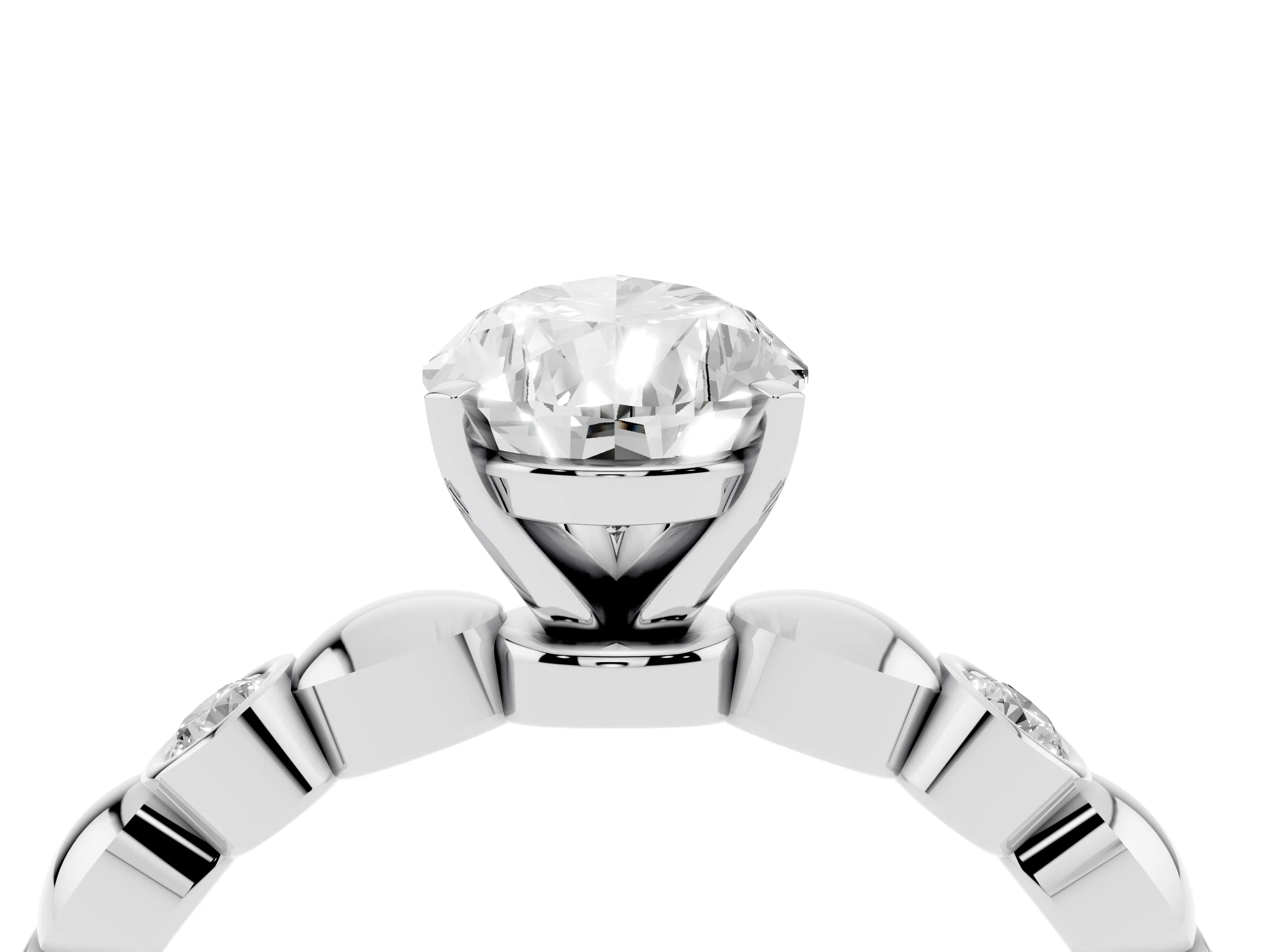 Pear Cut Diamond Solitaire Ring Set in White gold with Bezel-Set Accents on Beaded Band and Prong Setting