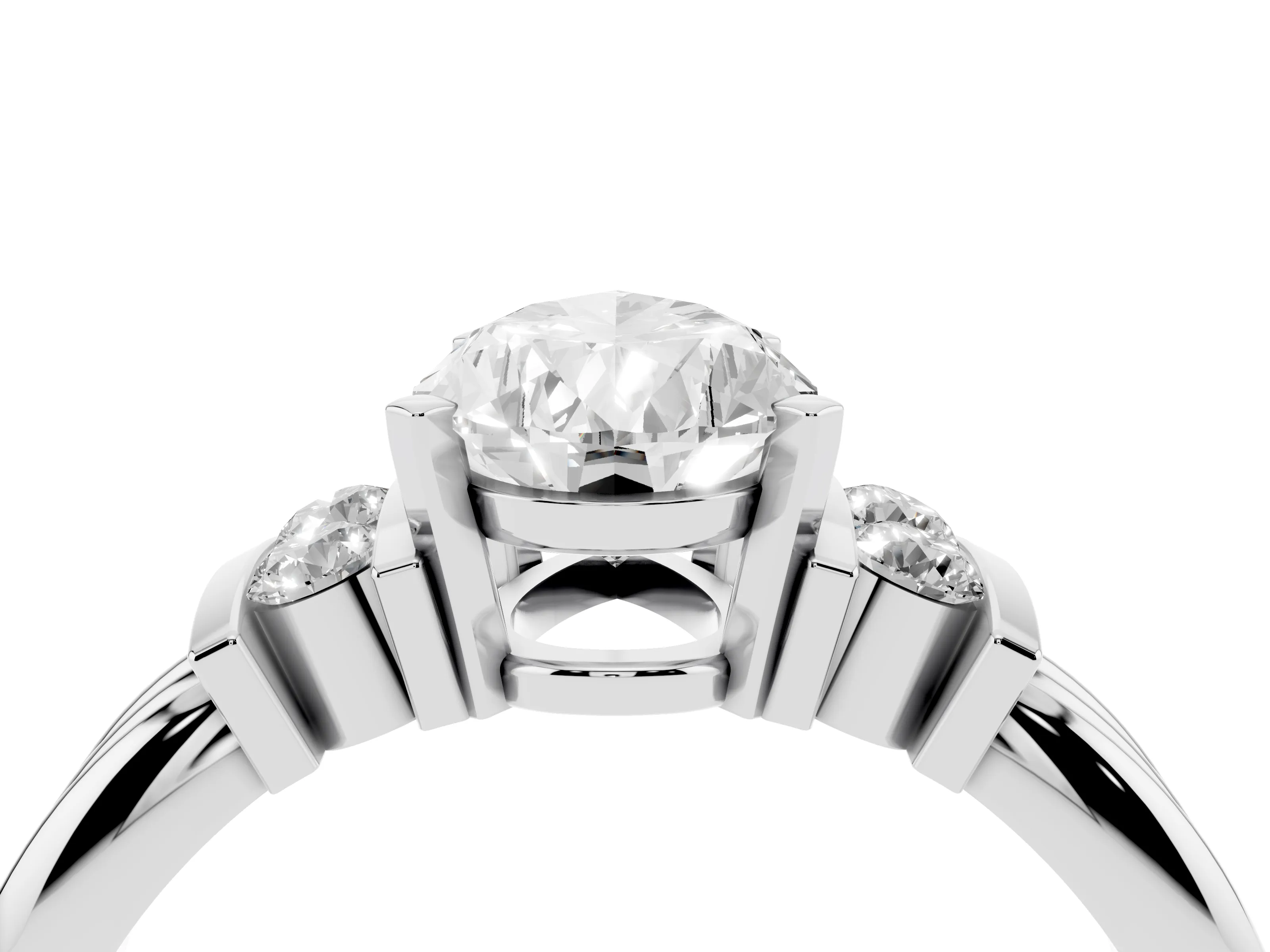 Three-Stone Pear Cut Diamond Channel Set Ring Set in White gold with Bar Prongs