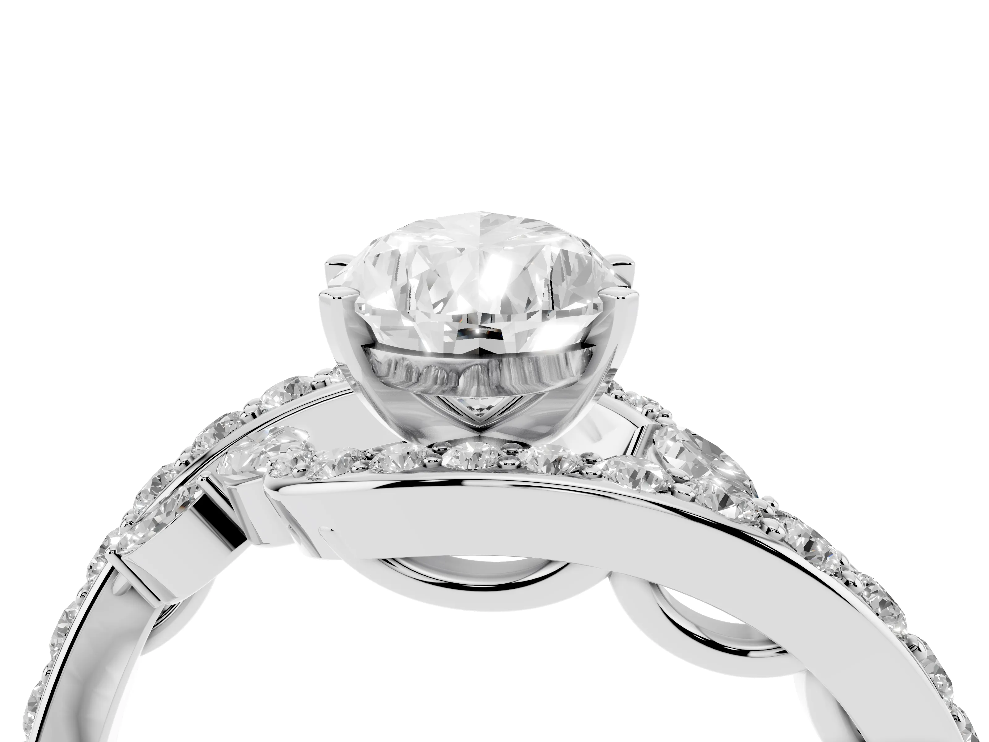 Pear Cut Diamond Solitaire Ring Set in Platinum with Pavé Twist Band and Secure Prong Setting