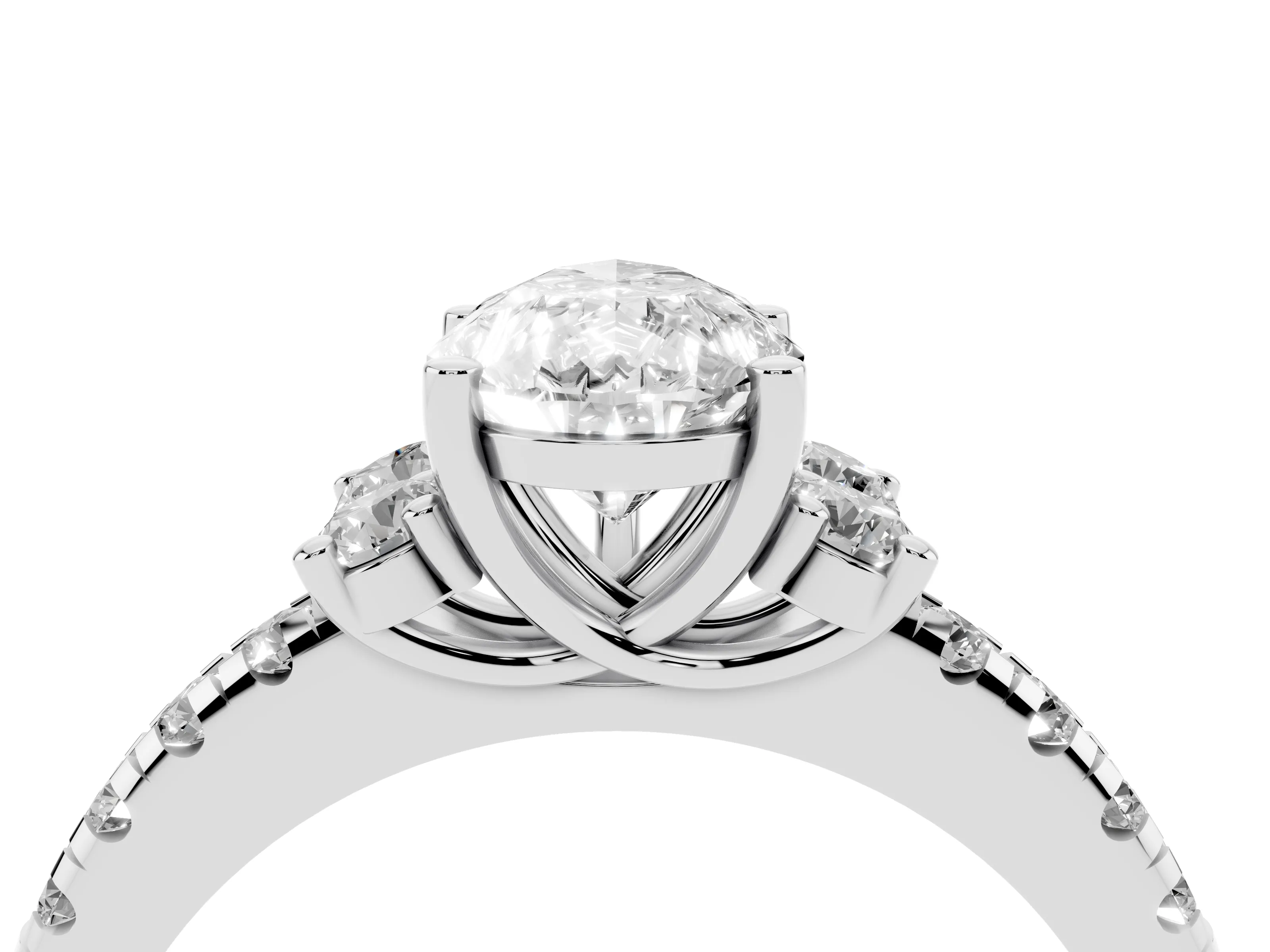Pear Cut Diamond Three-Stone Pavé Ring Set in Platinum with Prong Setting