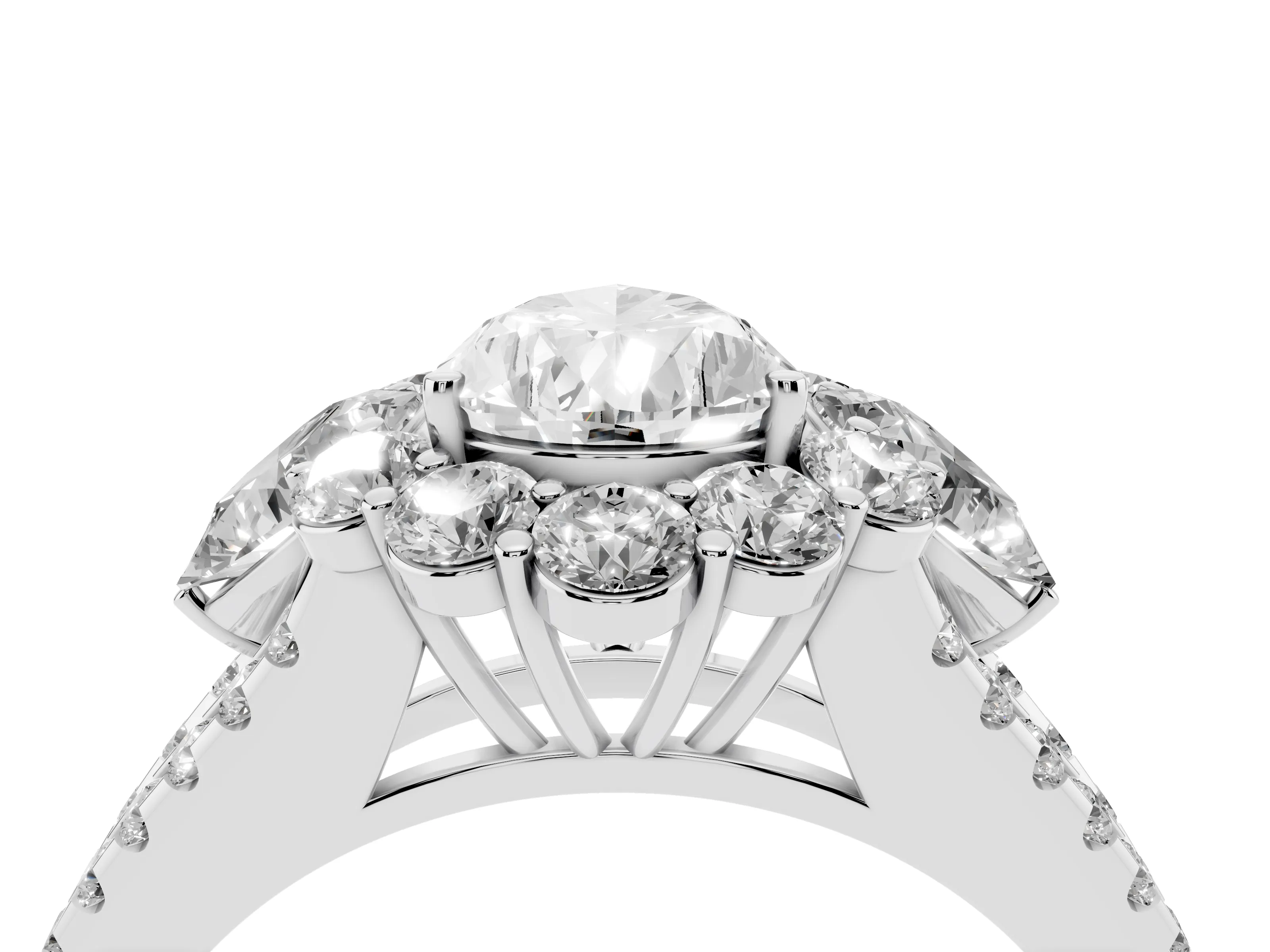 Pear Cut Diamond Halo Split Shank Engagement Ring Set in Platinum with Prong-Held Center Stone