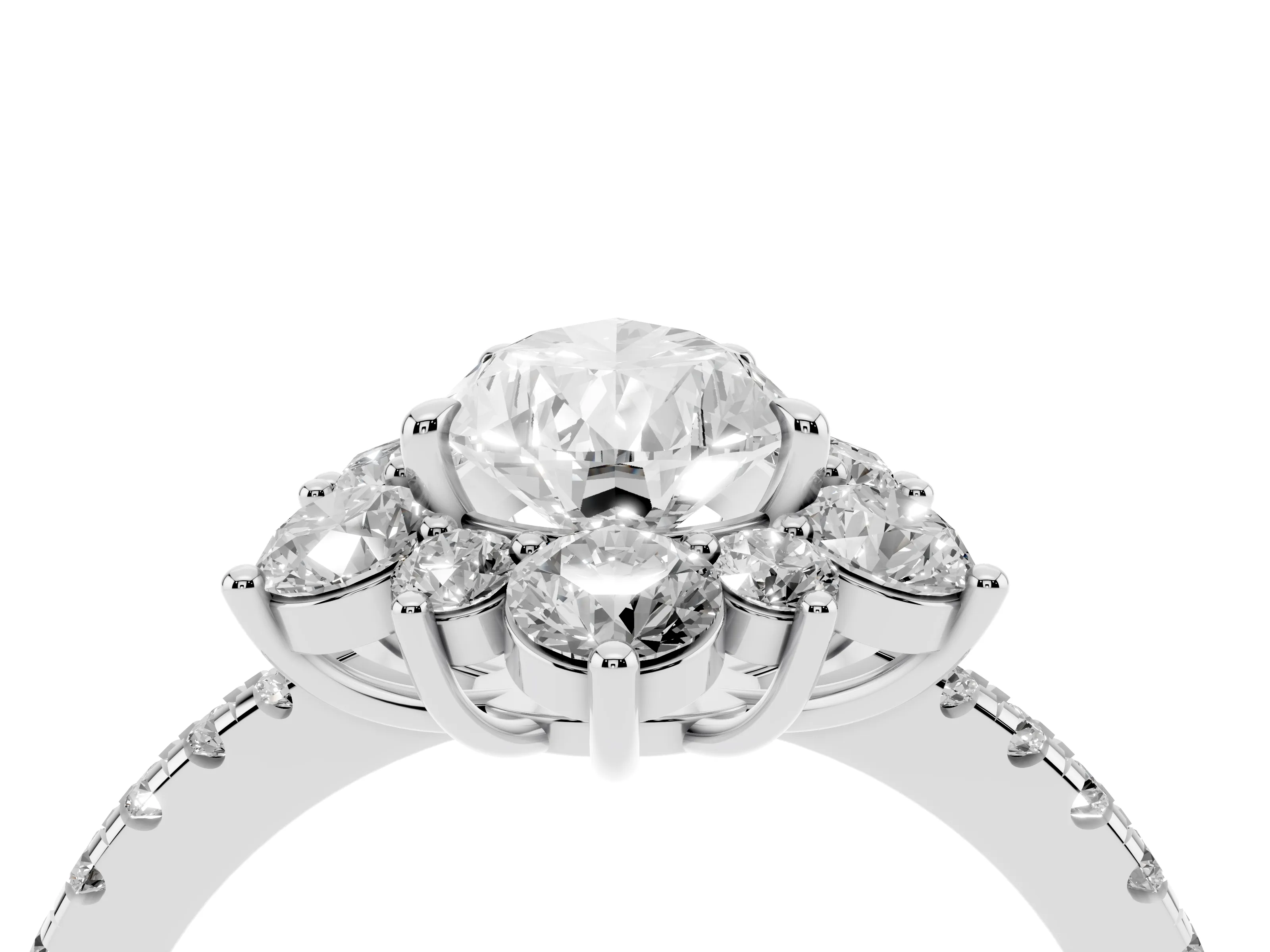 Pear Cut Diamond Floral Halo Ring Set in White gold with Round Pavé Band and Prong Setting
