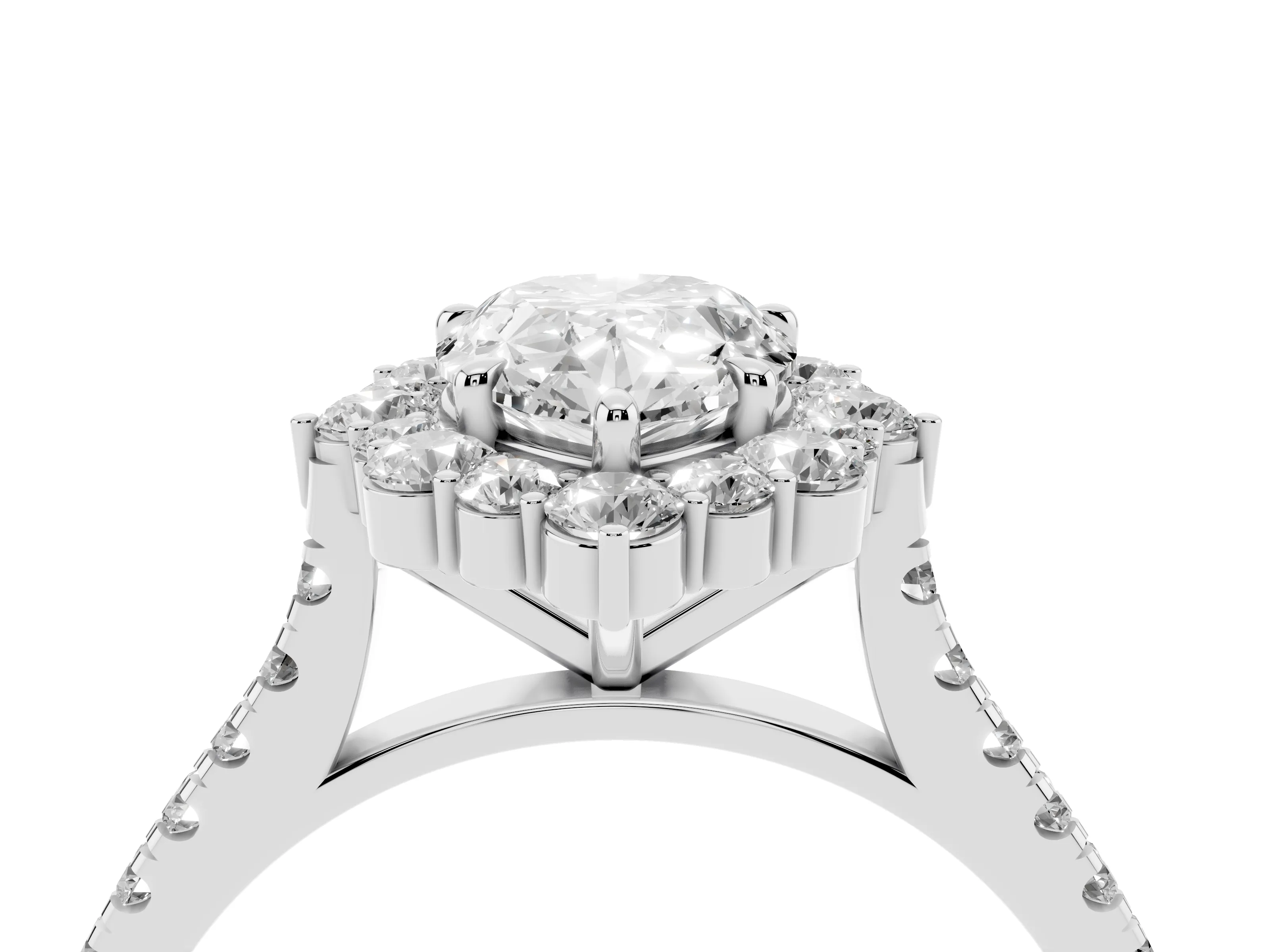 Pear Cut Diamond Halo Ring Set in White gold with Pavé Band and Prong Setting