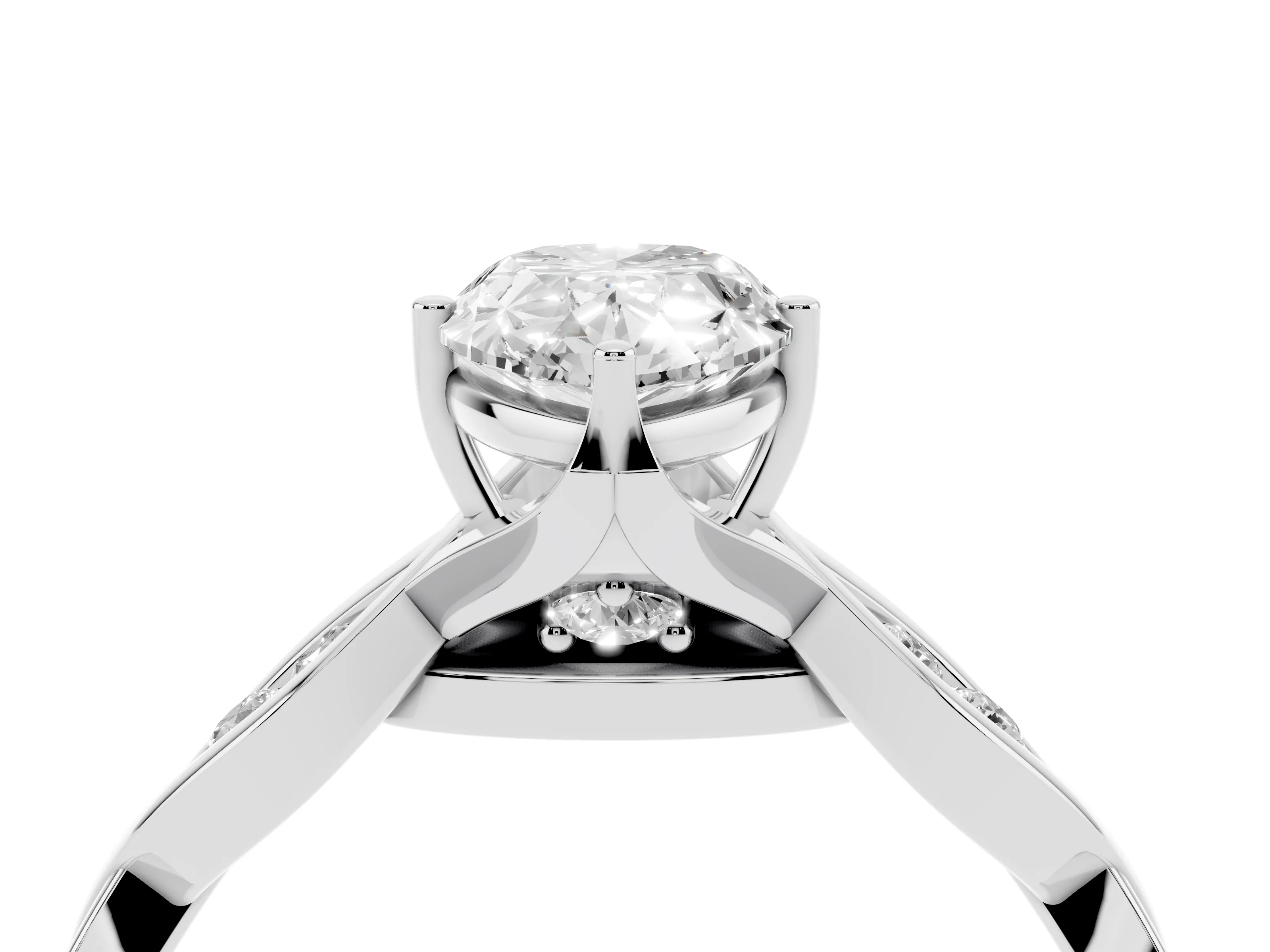 Pear Cut Diamond Twist Band Solitaire Ring Set in Silver with Leaf Prong Setting and Accent Stones
