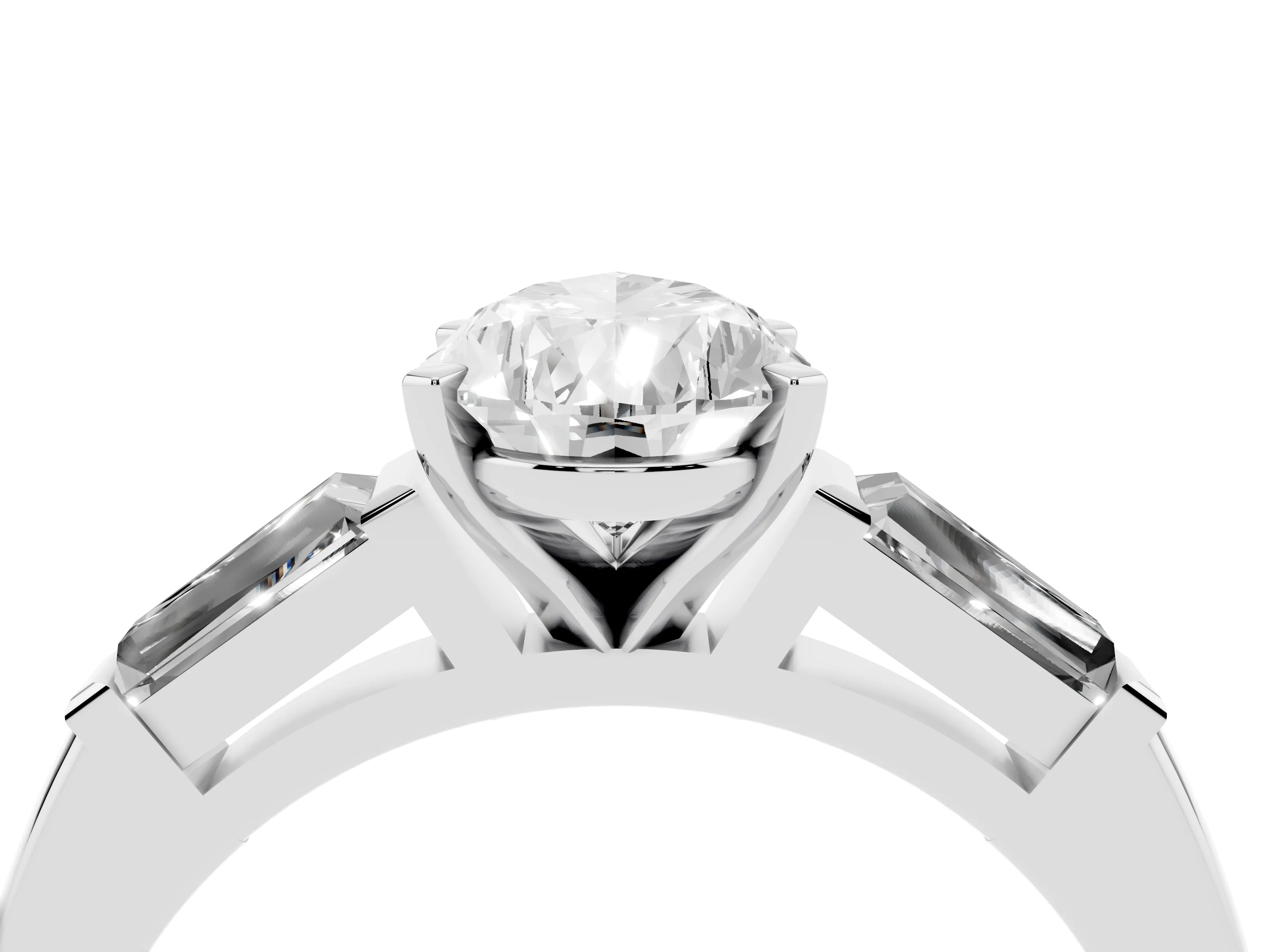 Pear Cut Diamond Solitaire Ring Set in Silver with Tapered Baguette Side Stones and Prong Setting
