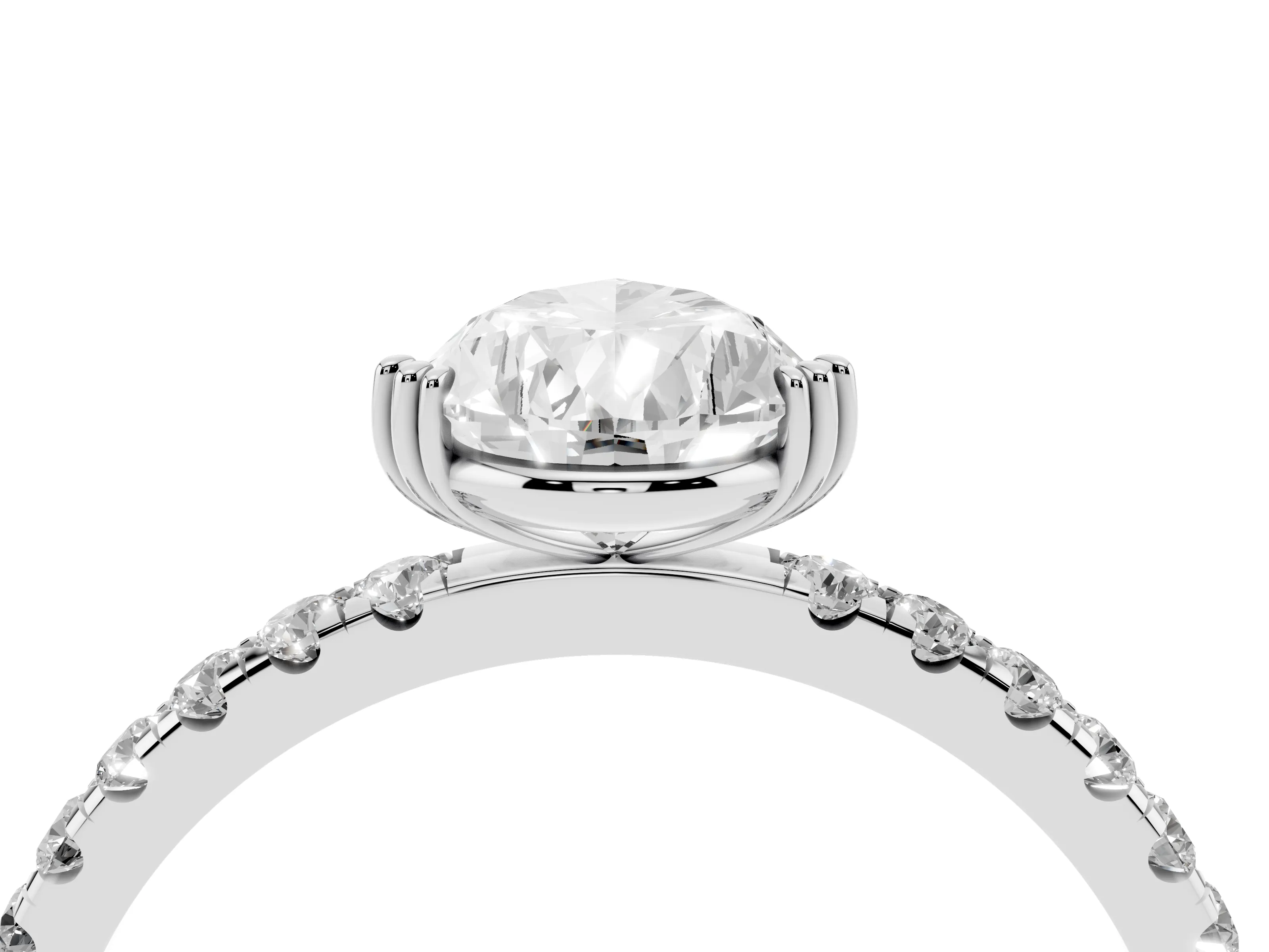 Pear Cut Diamond Brilliant Solitaire Set in White gold with Pavé Band and Claw Prong Setting