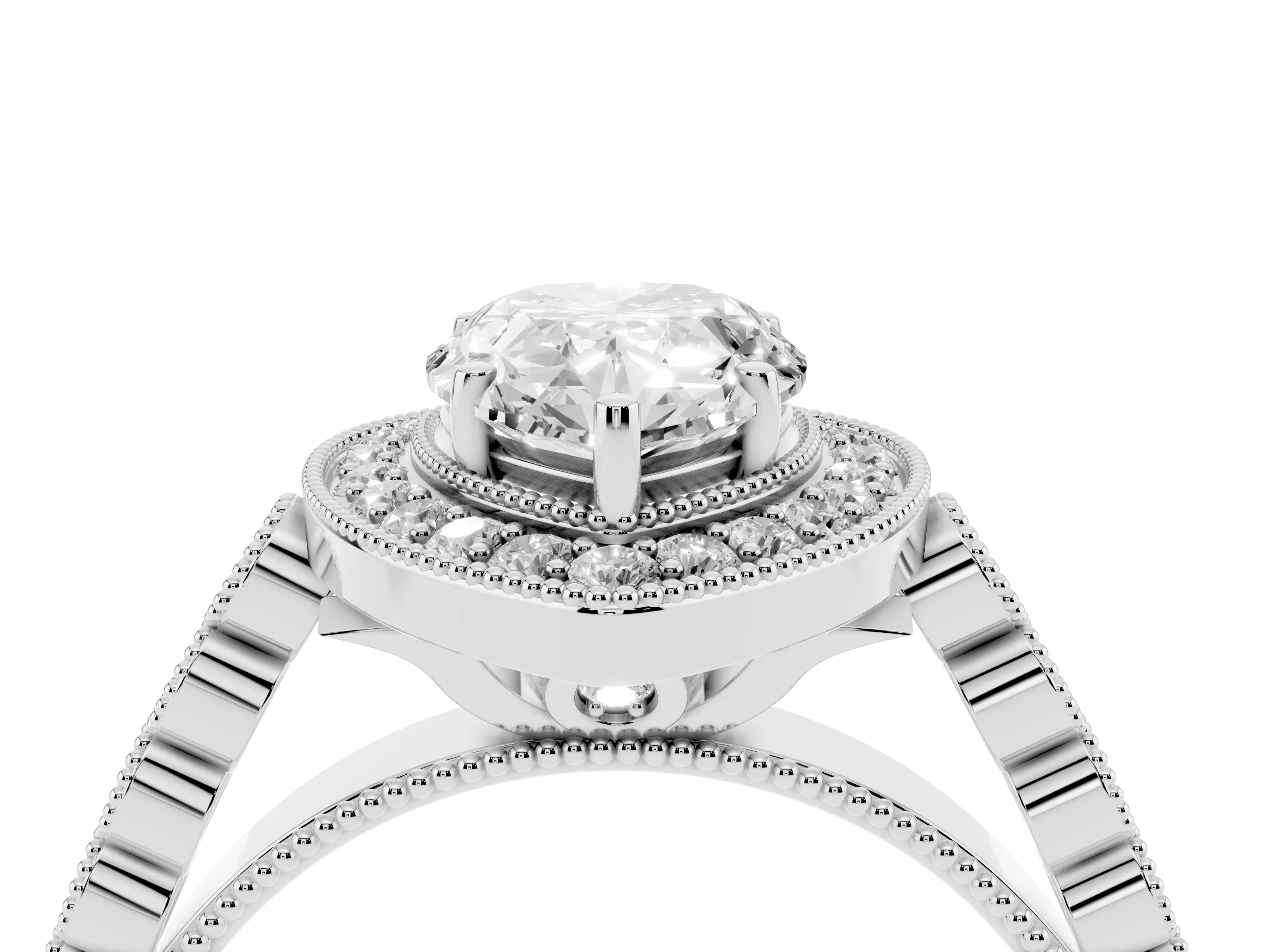 Pear Cut Diamond Milgrain Halo Solitaire Ring Set in White gold with Bezel Set Side Stones and Pavé Band