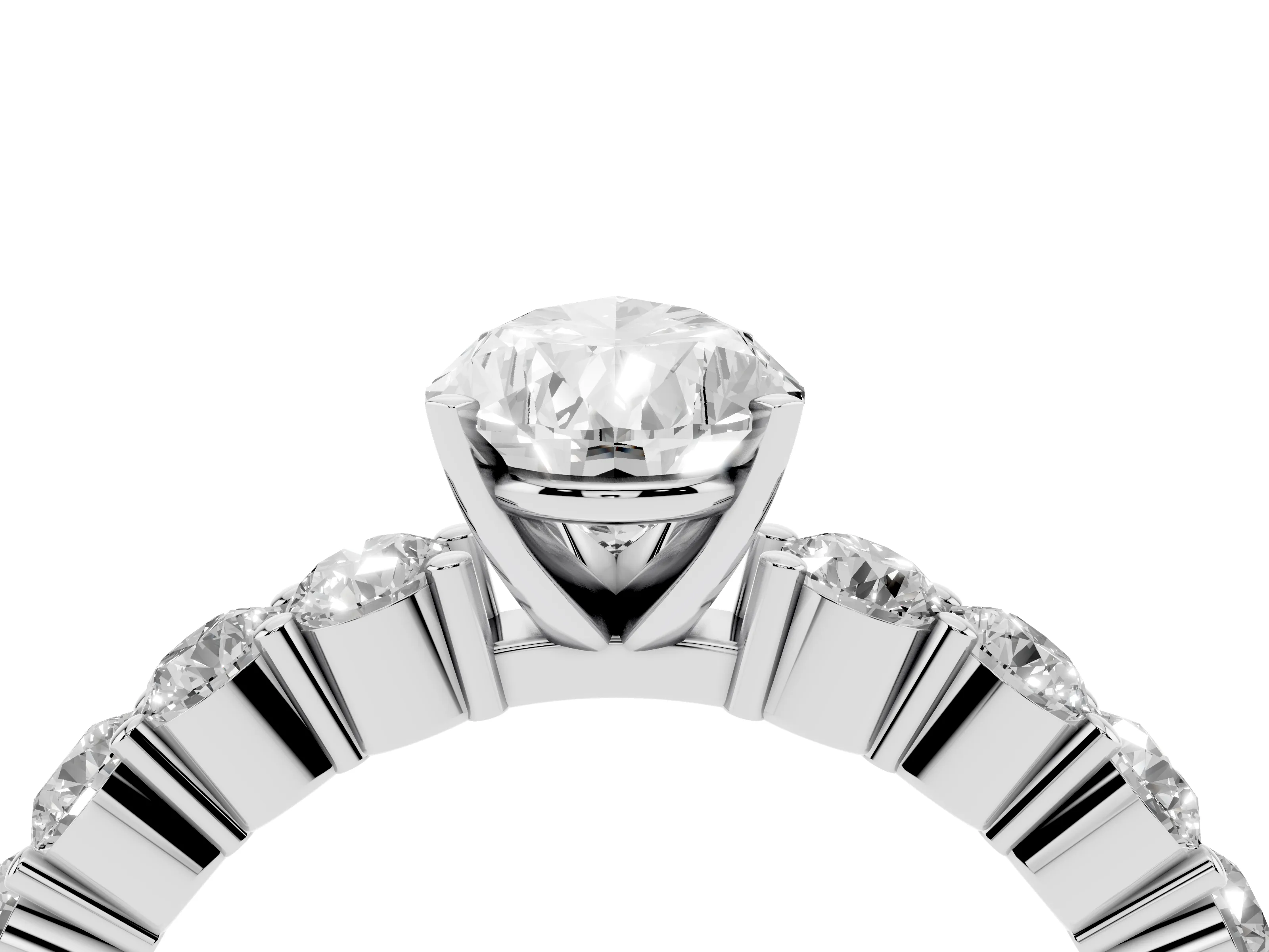 Pear Cut Diamond Solitaire Ring Set in Silver with Shared Prong Round Side Stones