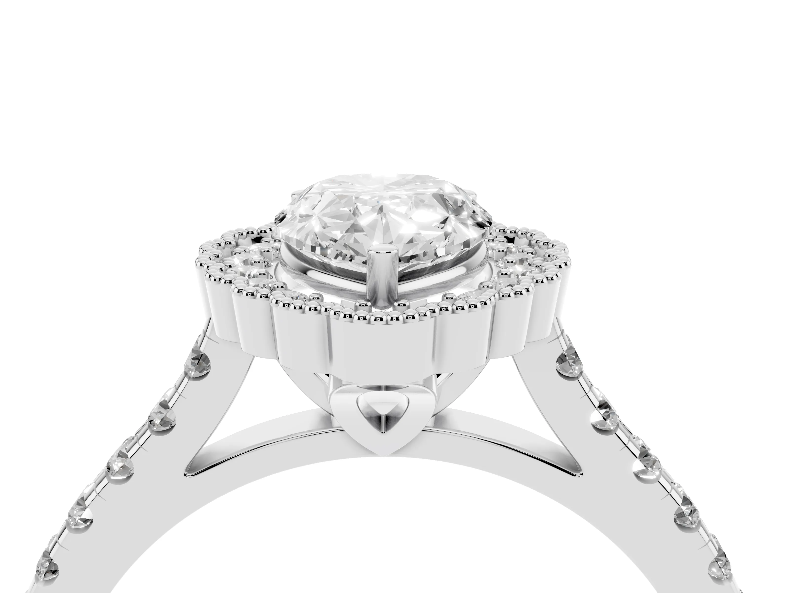Pear Cut Diamond Milgrain Floral Halo Engagement Ring Set in White gold with Pavé Band