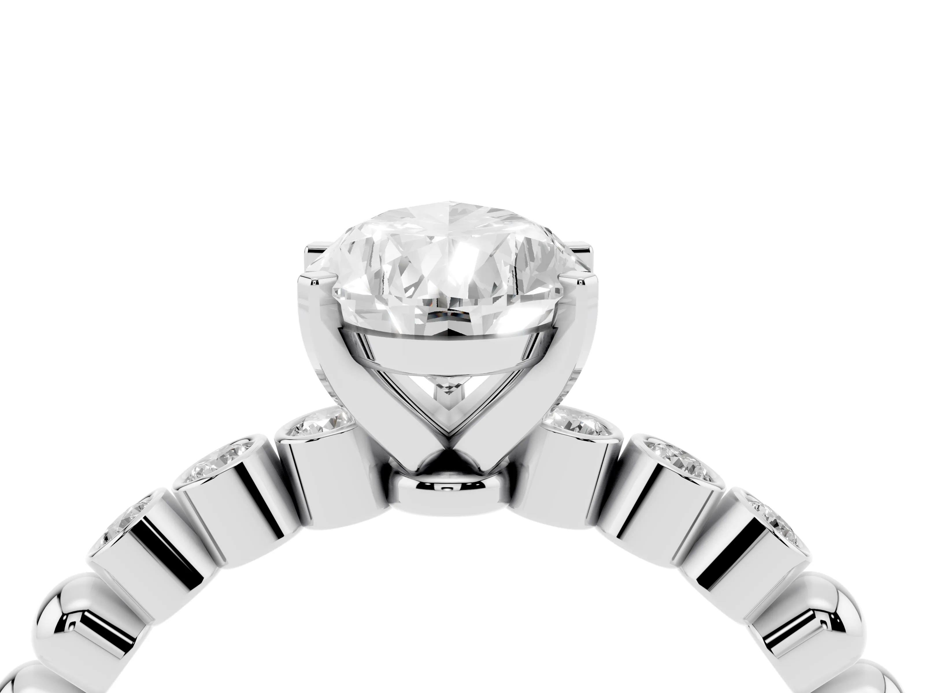 Pear Cut Diamond Solitaire Engagement Ring Set in Platinum with Bezel Accents on Beaded Band