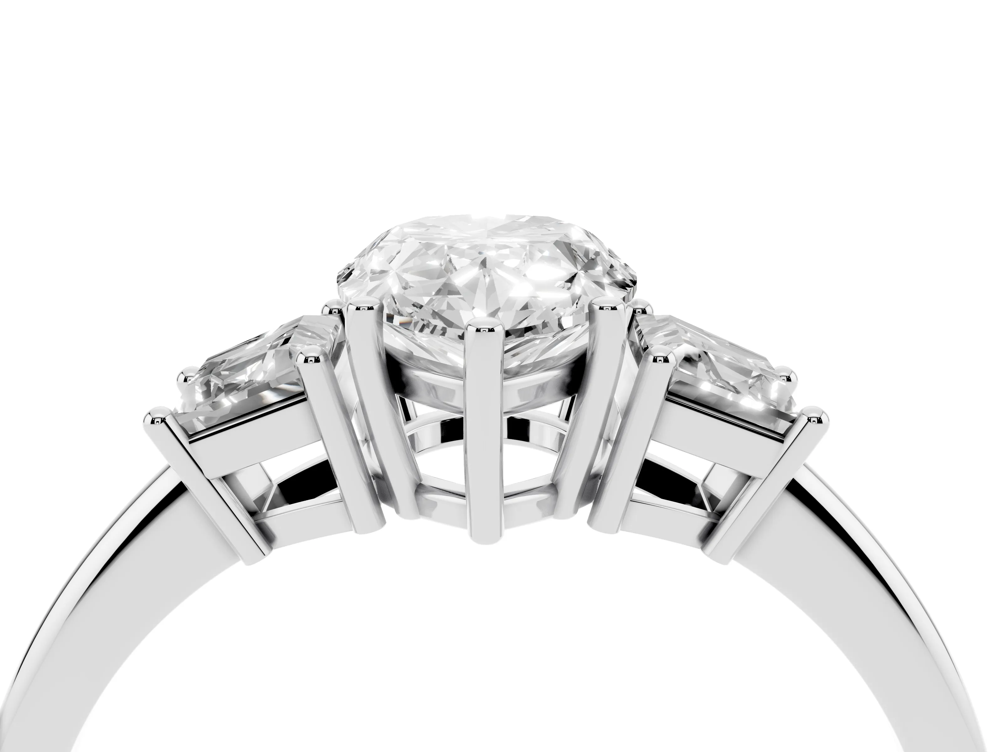 Pear Cut Diamond Three-Stone Ring Set in White gold with Trapezoid Side Stones and Prong Setting
