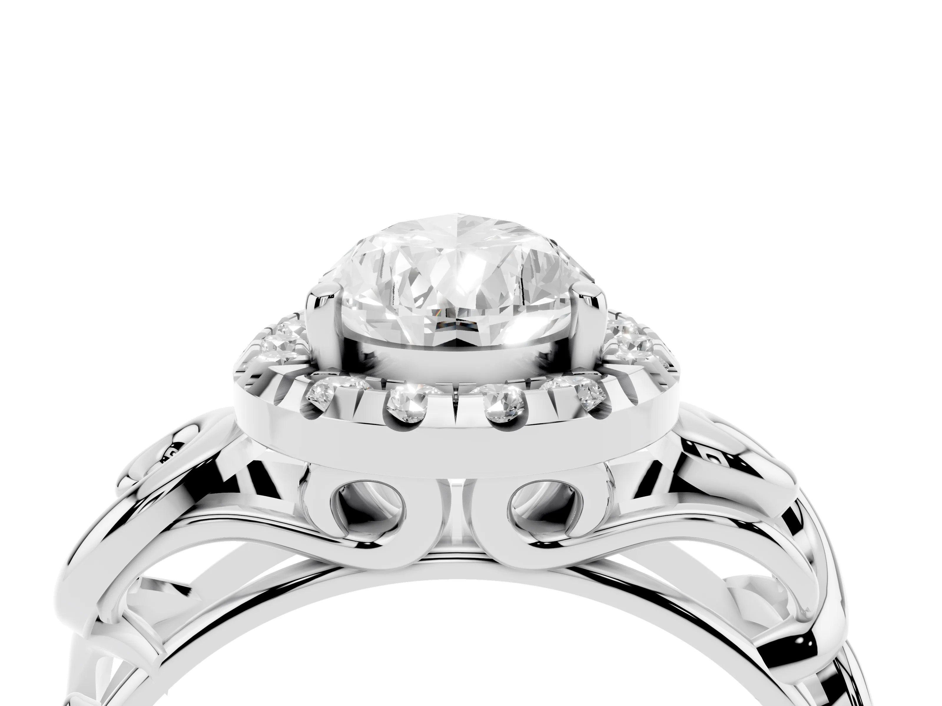 Pear Cut Diamond Halo Ring Set in Platinum with Scrollwork Band and Prong Setting
