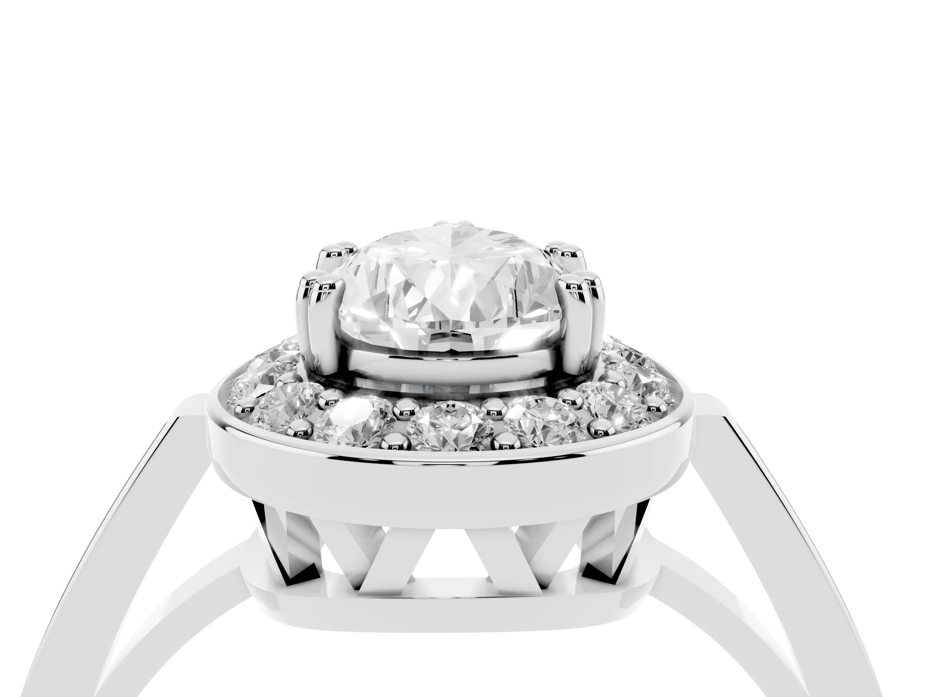 Pear Cut Diamond Halo Ring Set in Platinum with Accent-Lined Split Shank and Prong Setting