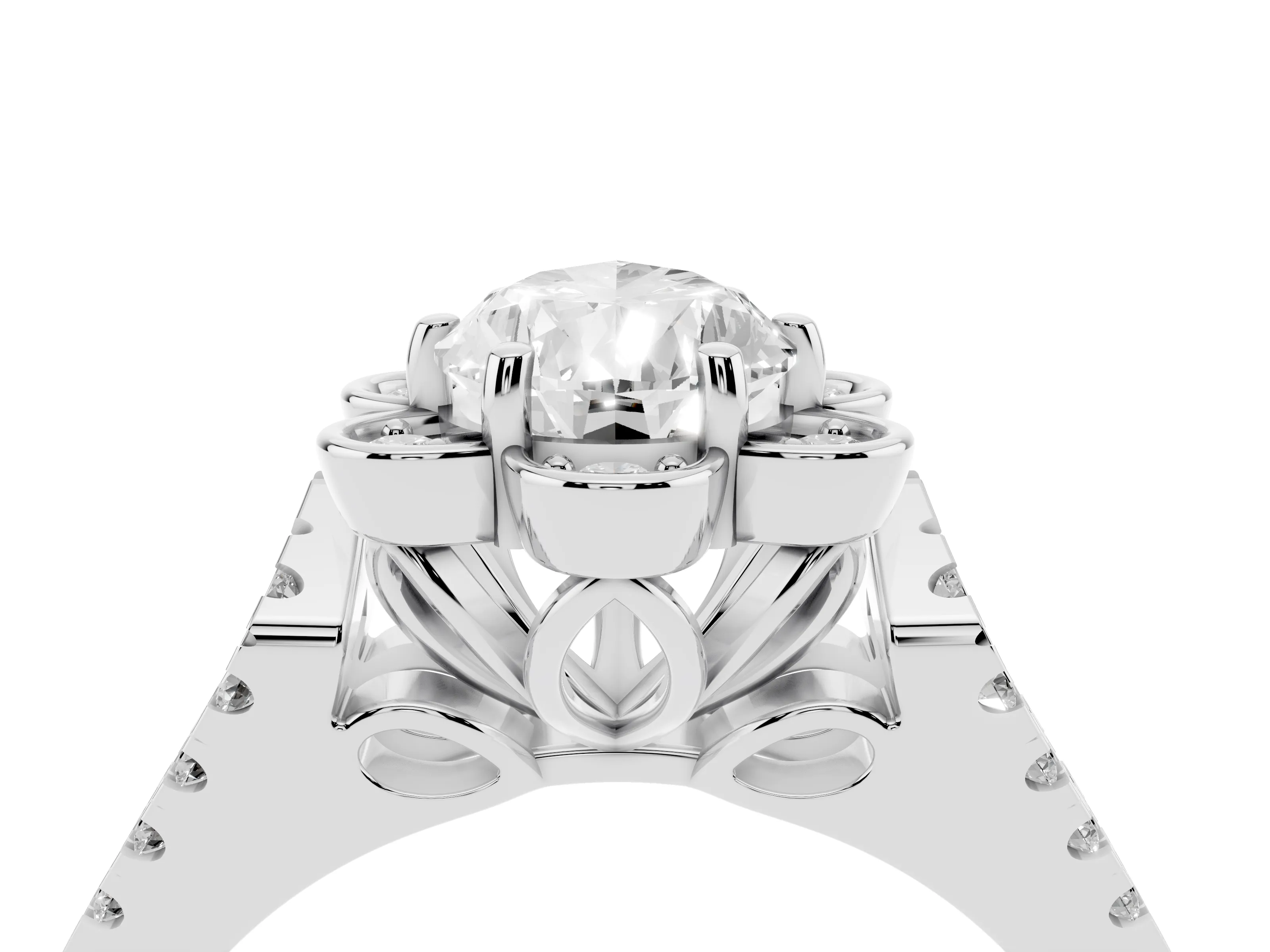 Pear Cut Diamond Floral Halo Split Shank Engagement Ring Set in Silver with Pavé Shank