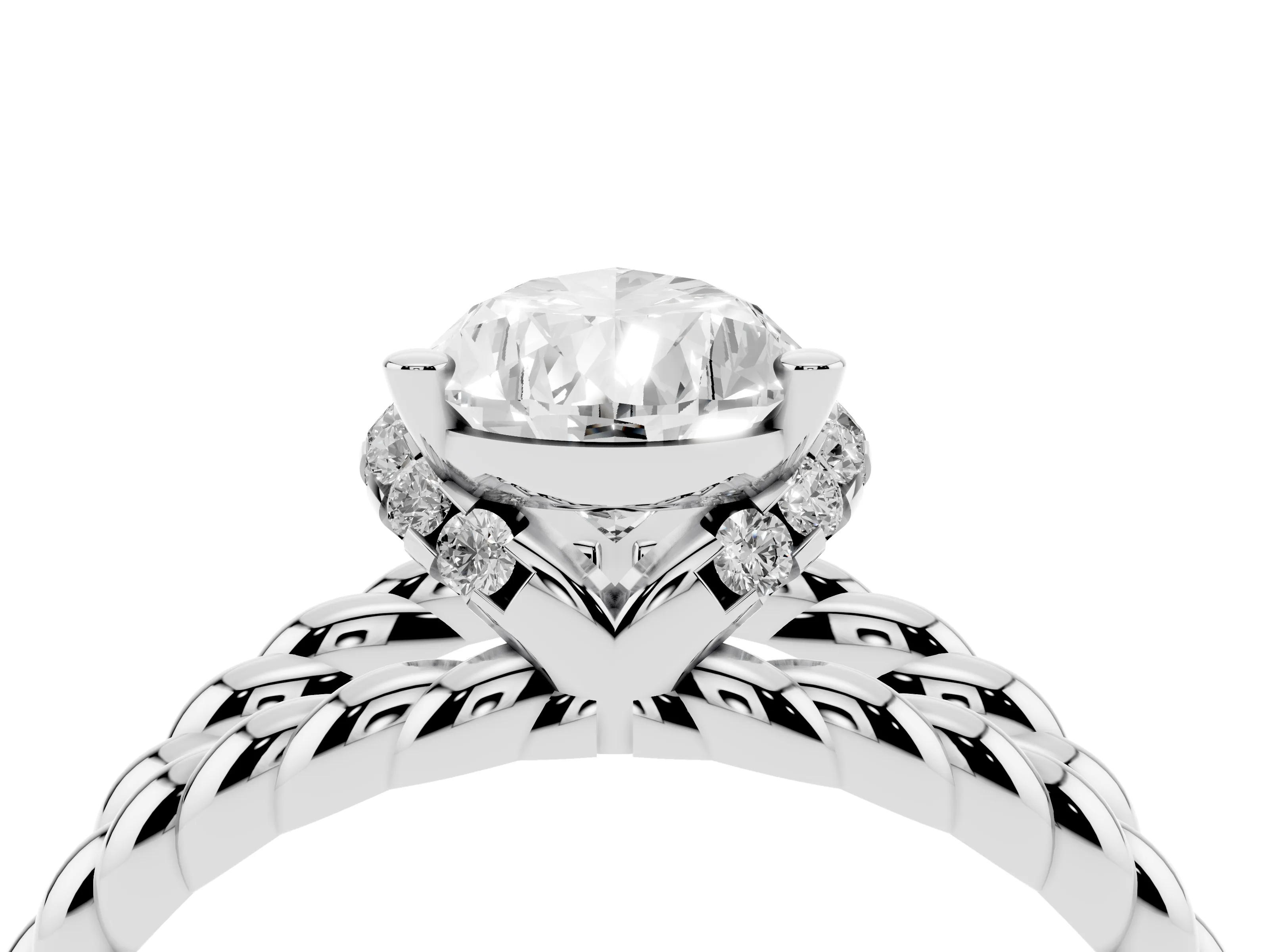 Pear Cut Diamond Halo Ring Set in White gold with Twisted Band and Prong Setting