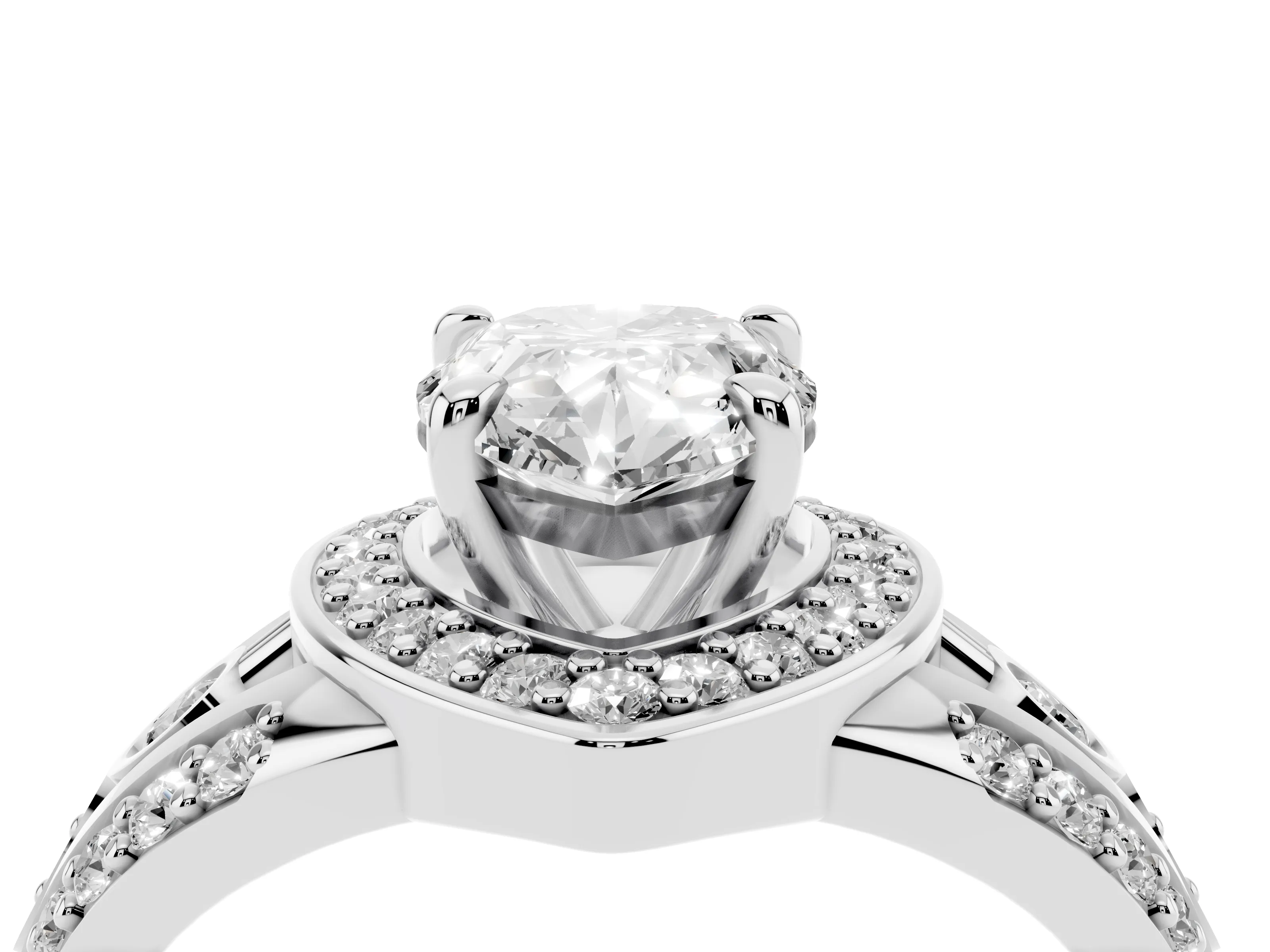 Pear Cut Diamond Halo Ring Set in White gold with Pavé Split Shank and Bezel Accents