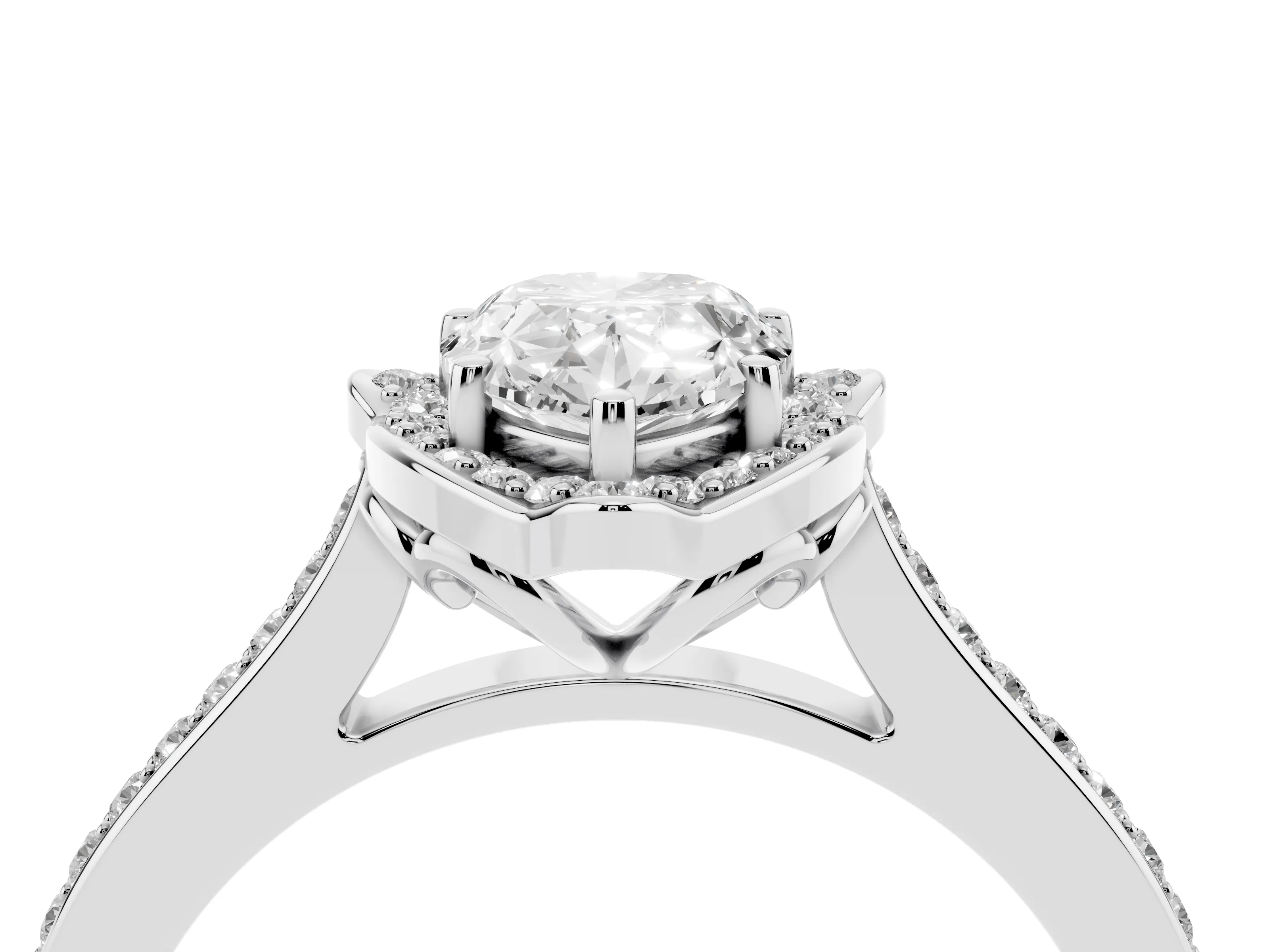 Pear Cut Diamond Halo Ring Set in Platinum with Pavé-Lined Shoulders and Prong Setting