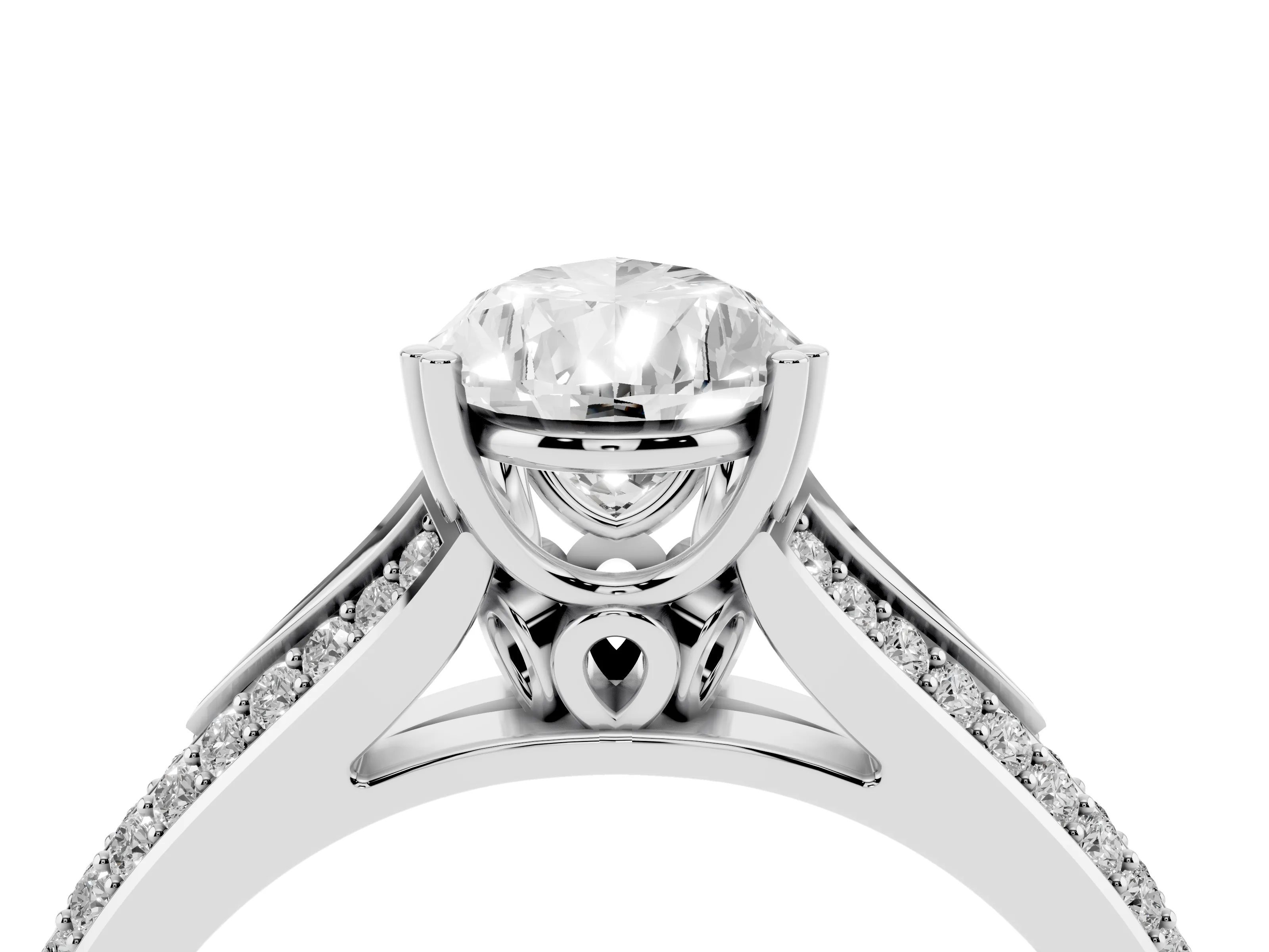 Pear Cut Diamond Split Shank Pavé Engagement Ring Set in Silver with Prong-Set Center Stone