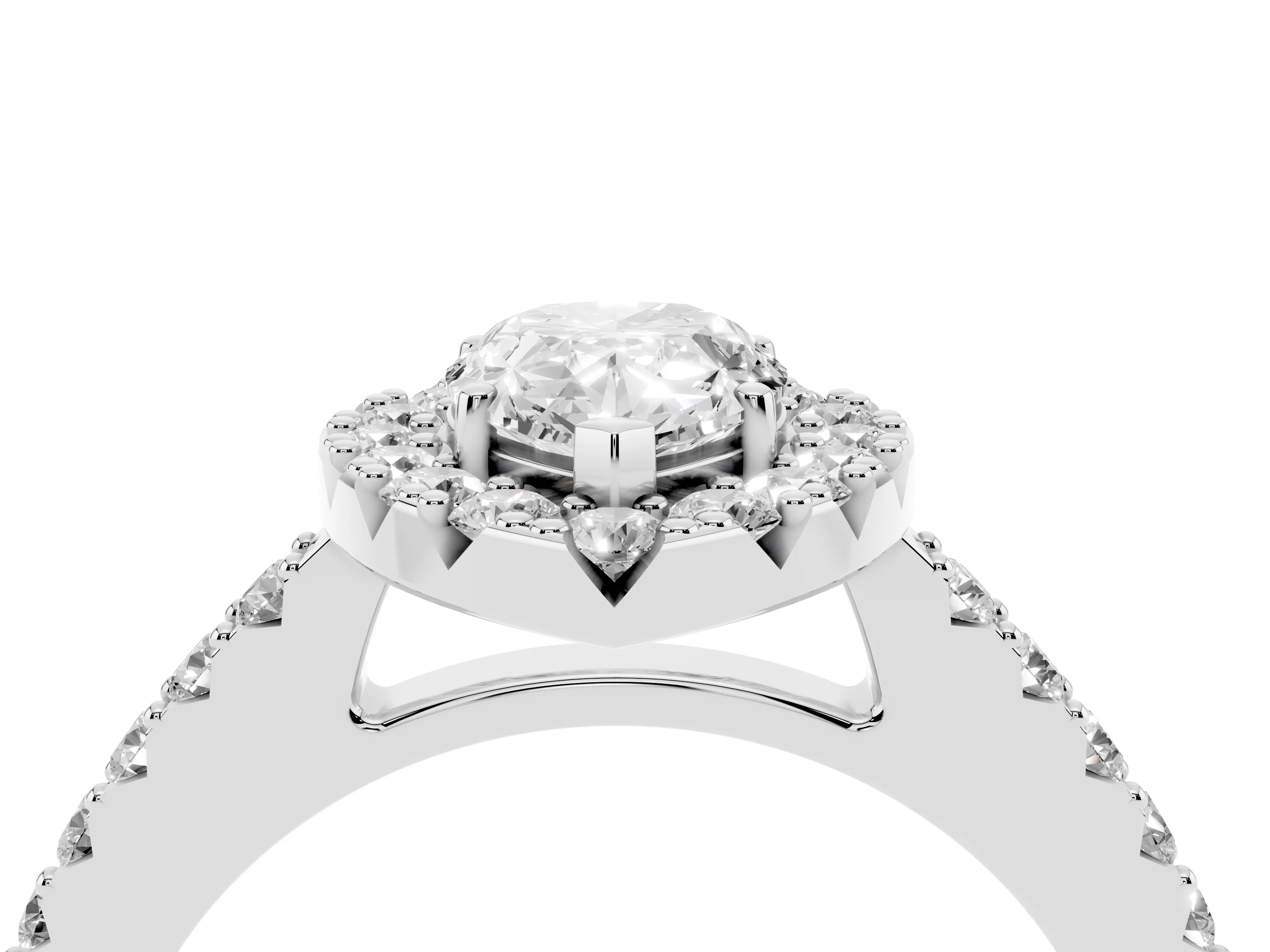 Pear Cut Diamond Halo Pavé Solitaire Ring Set in Silver with Prong-Set Center Stone
