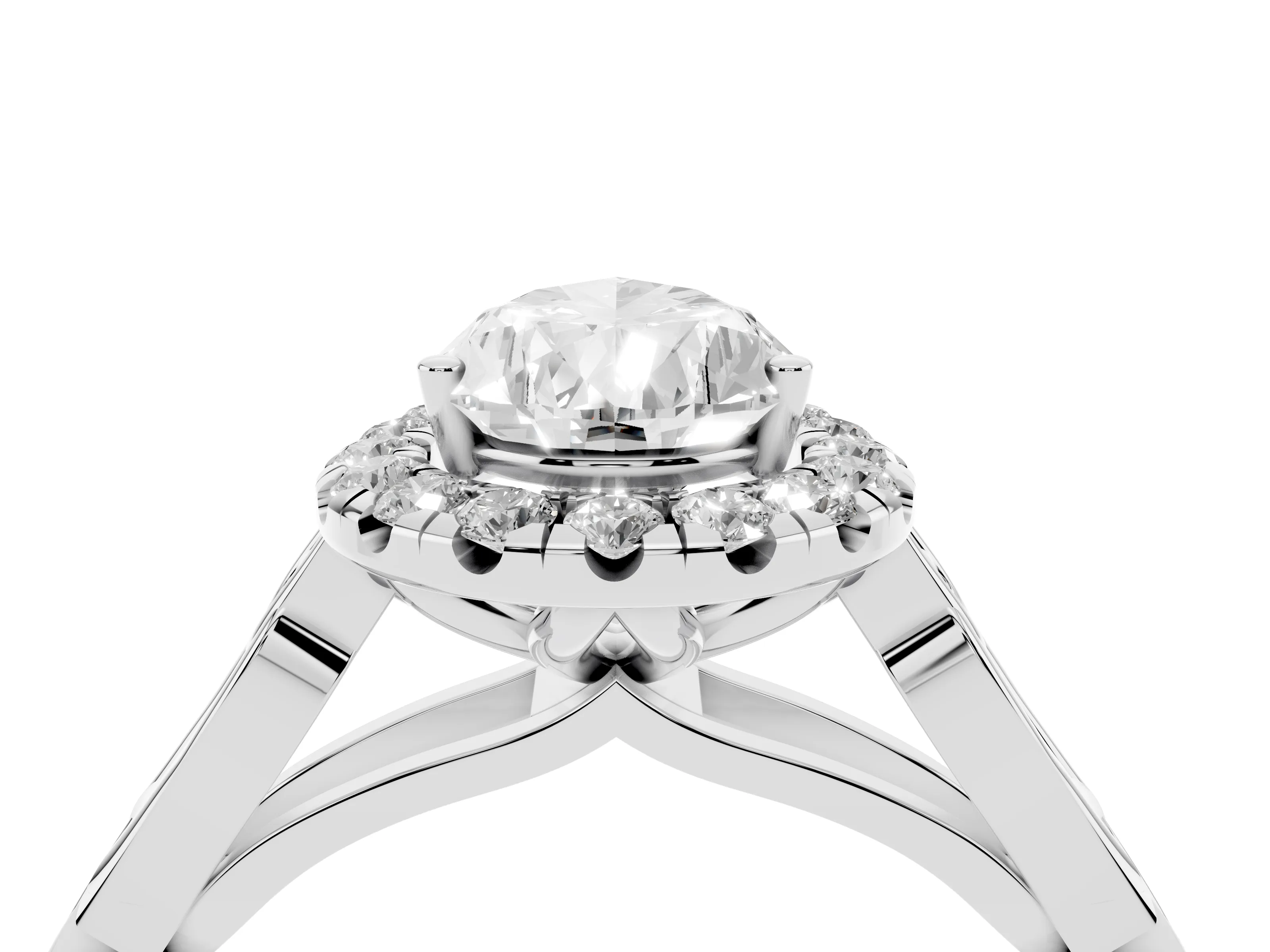Pear Cut Diamond Halo Engagement Ring Set in White gold with Filigree Band and Prong-Set Center