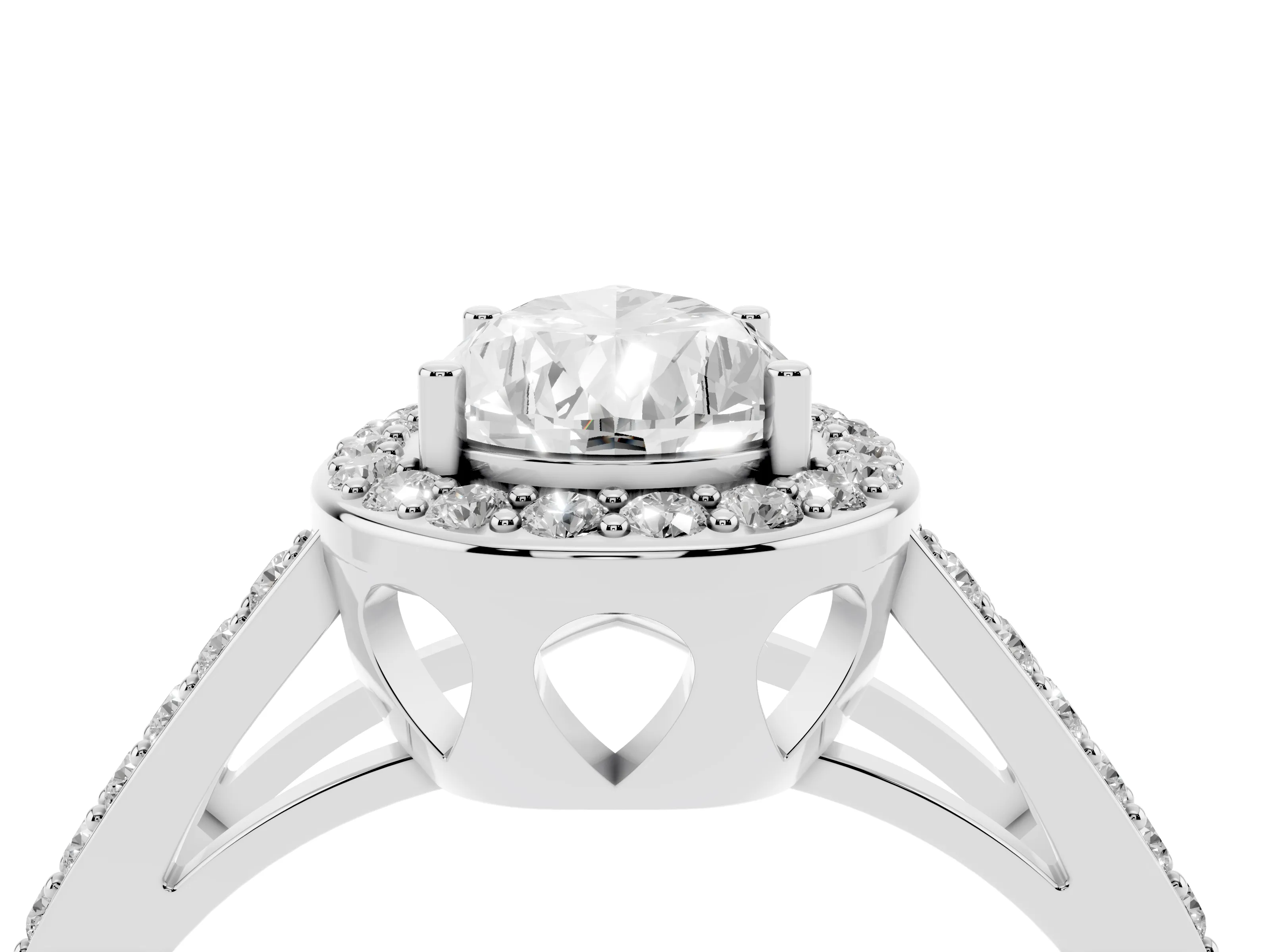 Pear Cut Diamond Halo Ring Set in White gold with U-Prong Split Shank and Prong Setting