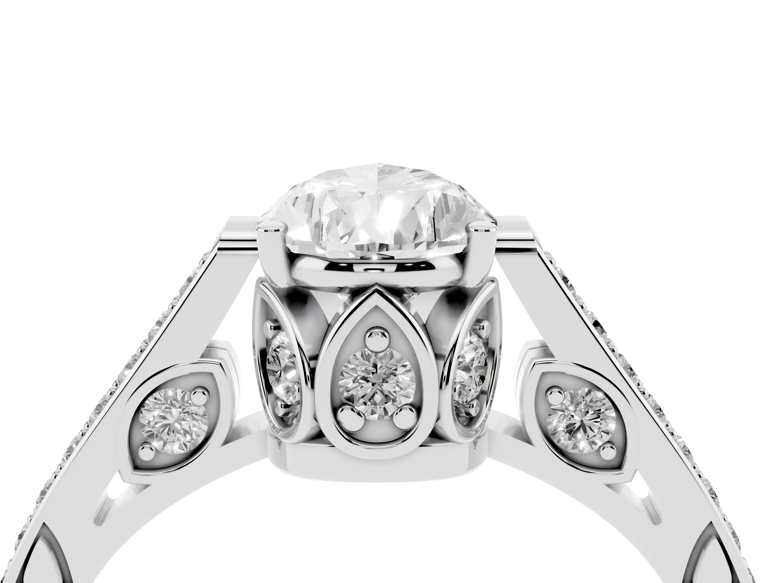 Pear Cut Diamond Cathedral Pavé Engagement Ring Set in Platinum with Prong Setting