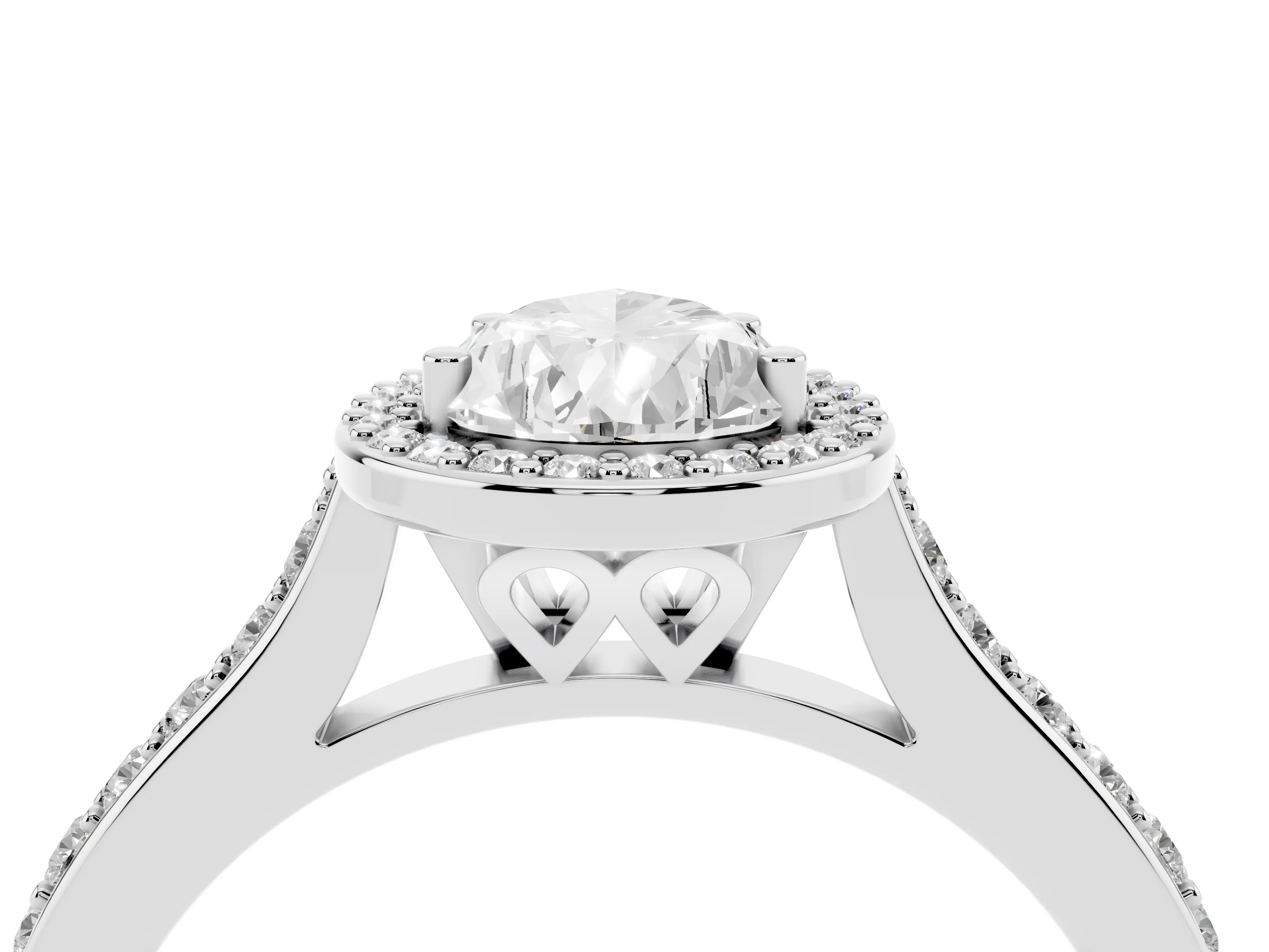 Pear Cut Diamond Halo Engagement Ring Set in White gold with Round Pavé Shoulders and Heart Gallery