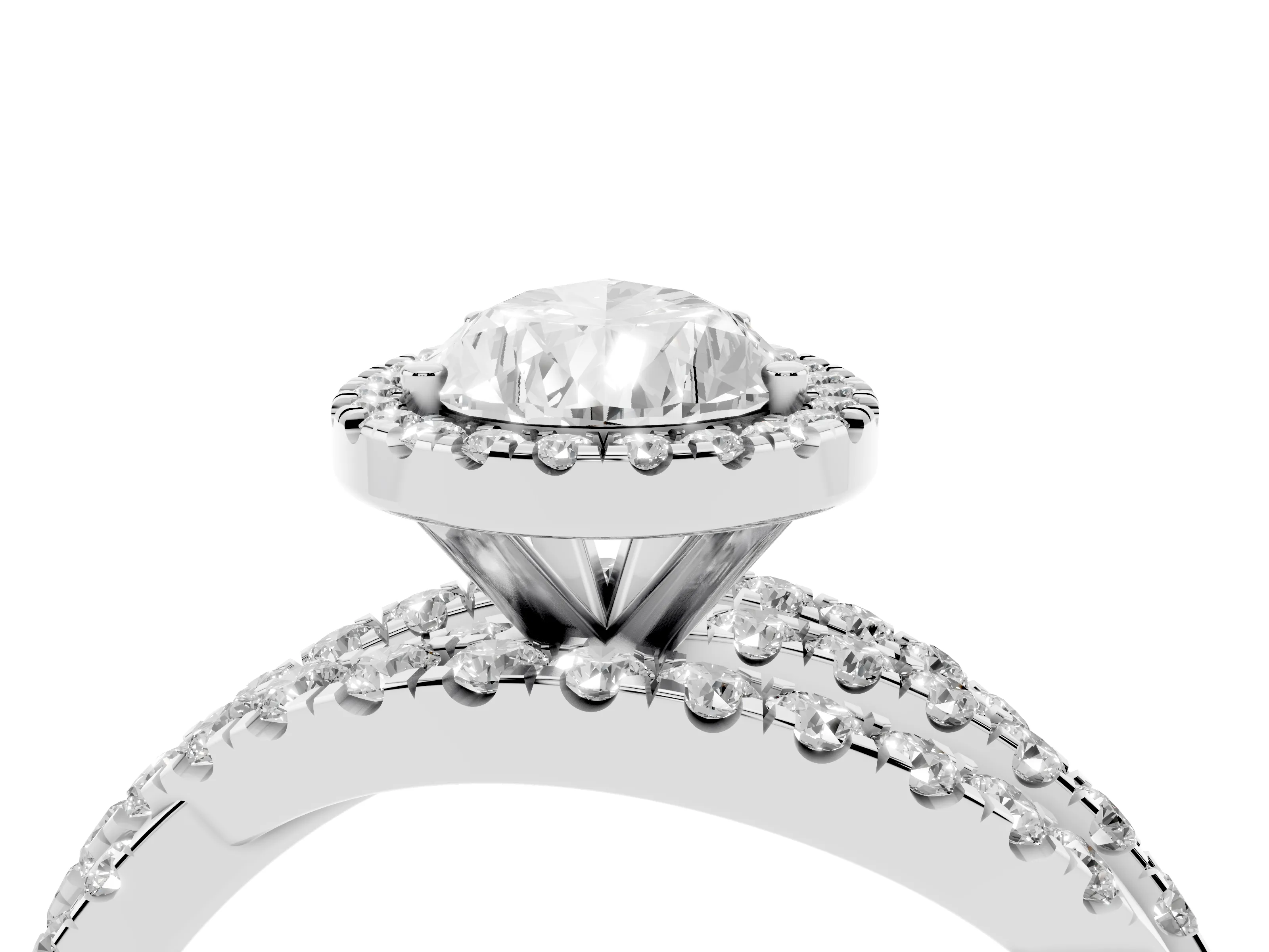 Pear Cut Diamond Halo Ring Set in Platinum with Round Crossover Split Shank and Prong Setting