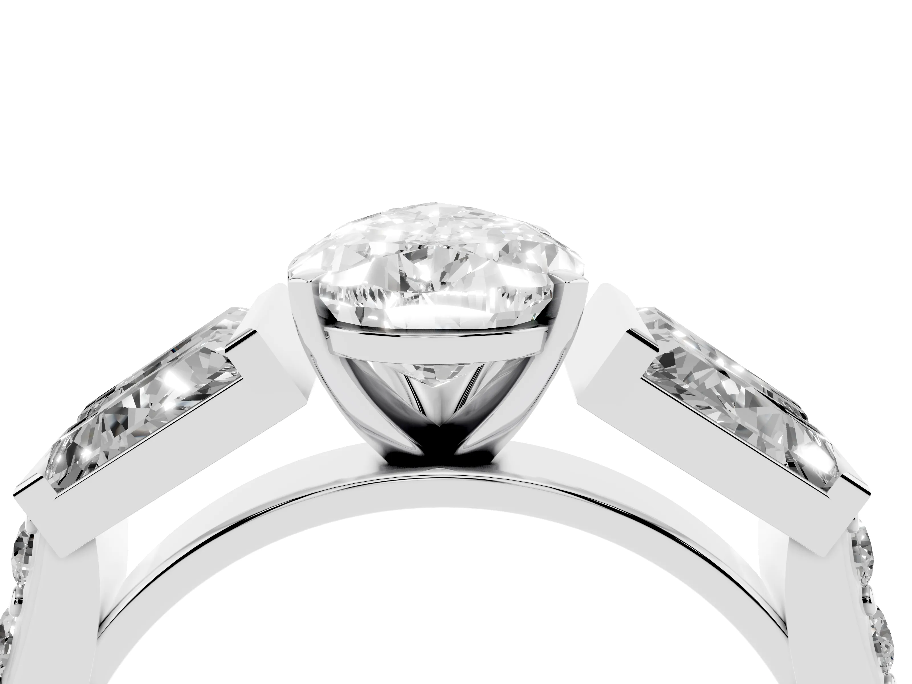 Pear Cut Diamond Engagement Ring Set in White gold with Baguette Side Stones and Channel Set Band